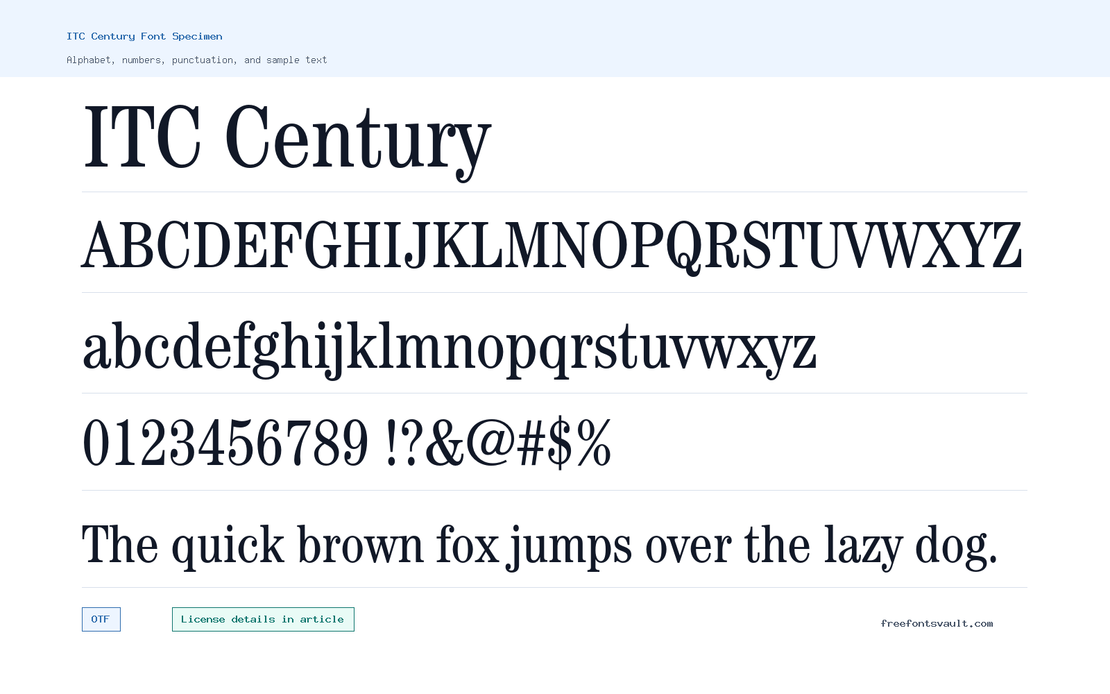 ITC Century font specimen showing alphabet, numbers, and sample text
