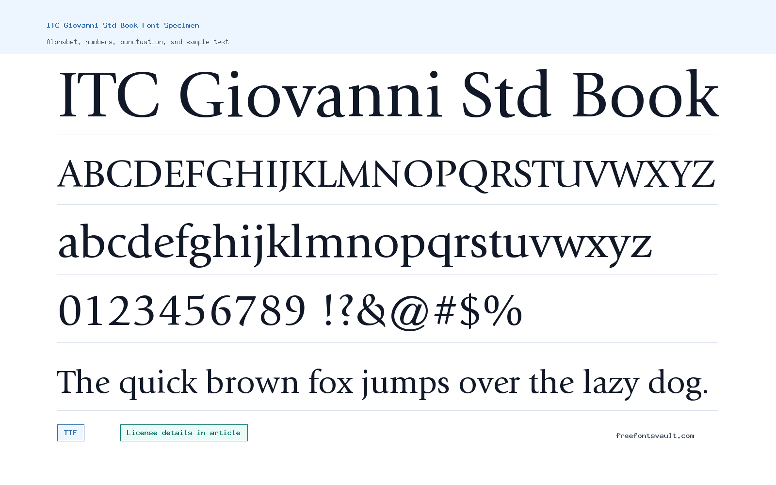 ITC Giovanni Std Book font specimen showing alphabet, numbers, and sample text