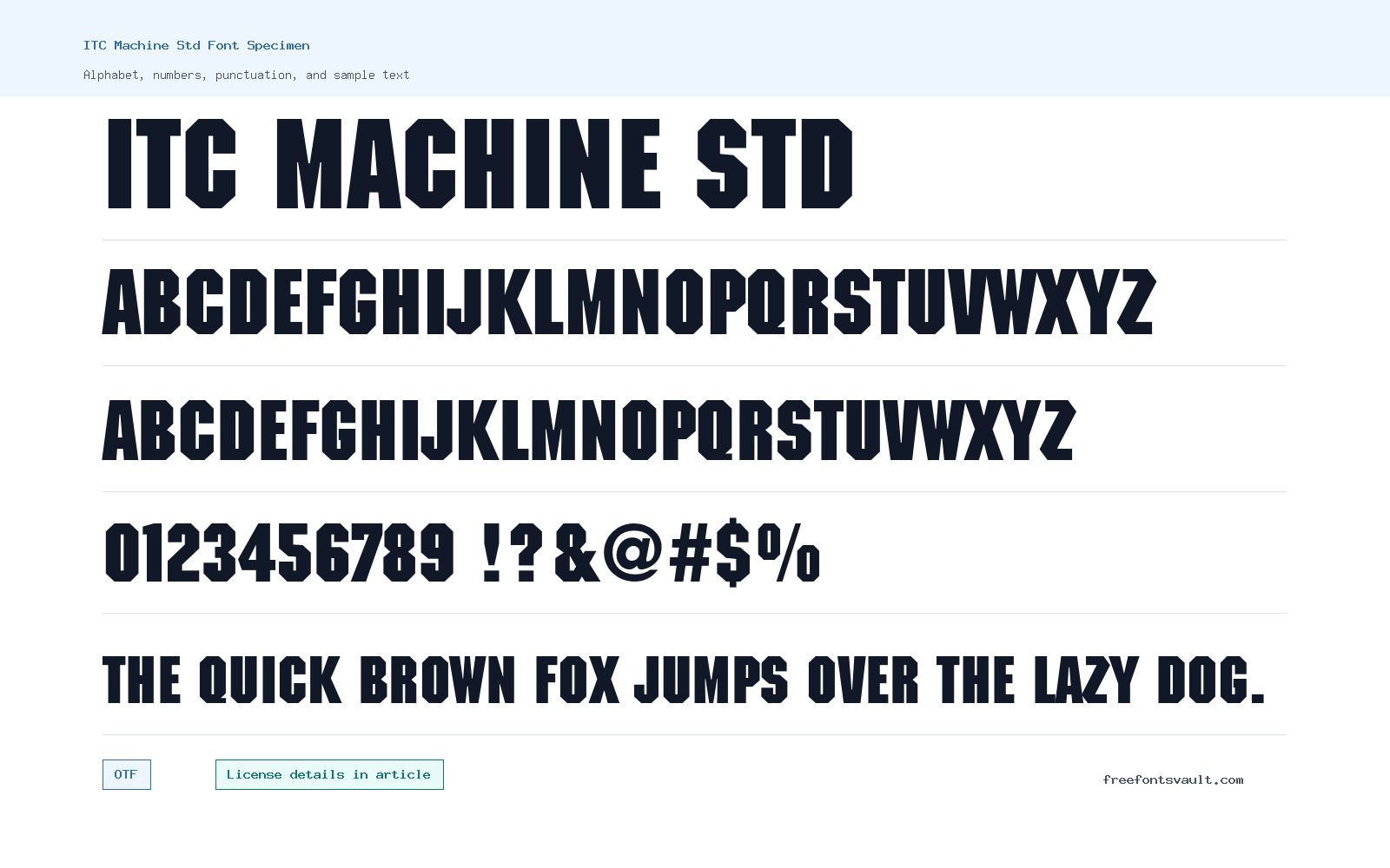 ITC Machine Std font specimen showing alphabet, numbers, and sample text