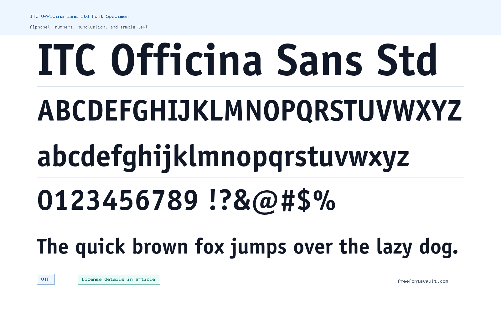 ITC Officina Sans Std font specimen showing alphabet, numbers, and sample text