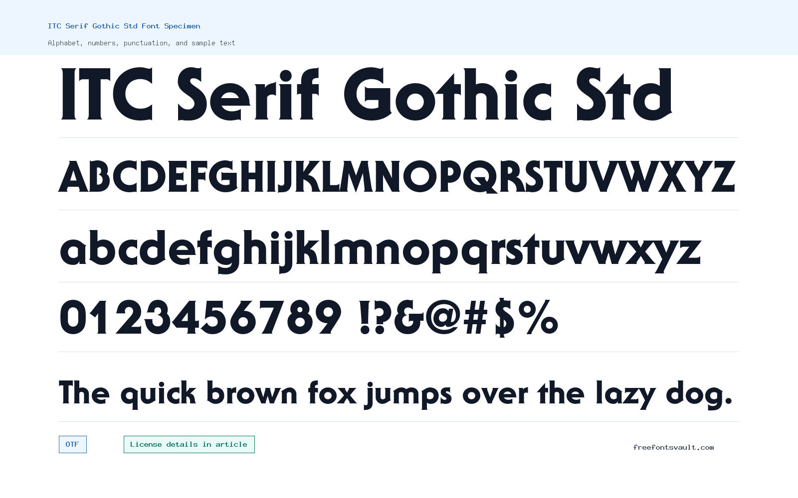 ITC Serif Gothic Std font specimen showing alphabet, numbers, and sample text