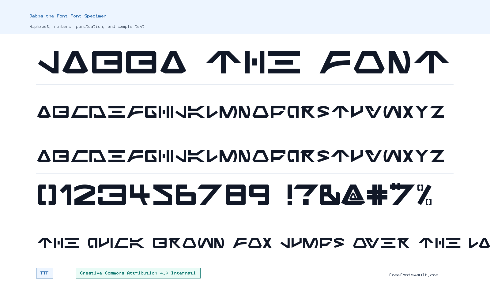 Jabba the Font font specimen showing alphabet, numbers, and sample text