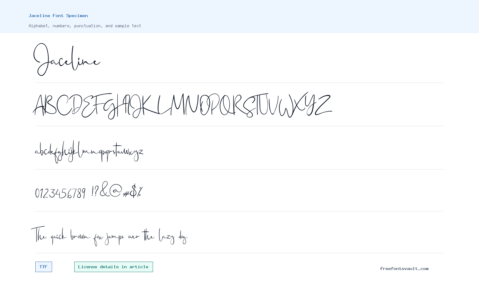 Jaceline font specimen showing alphabet, numbers, and sample text