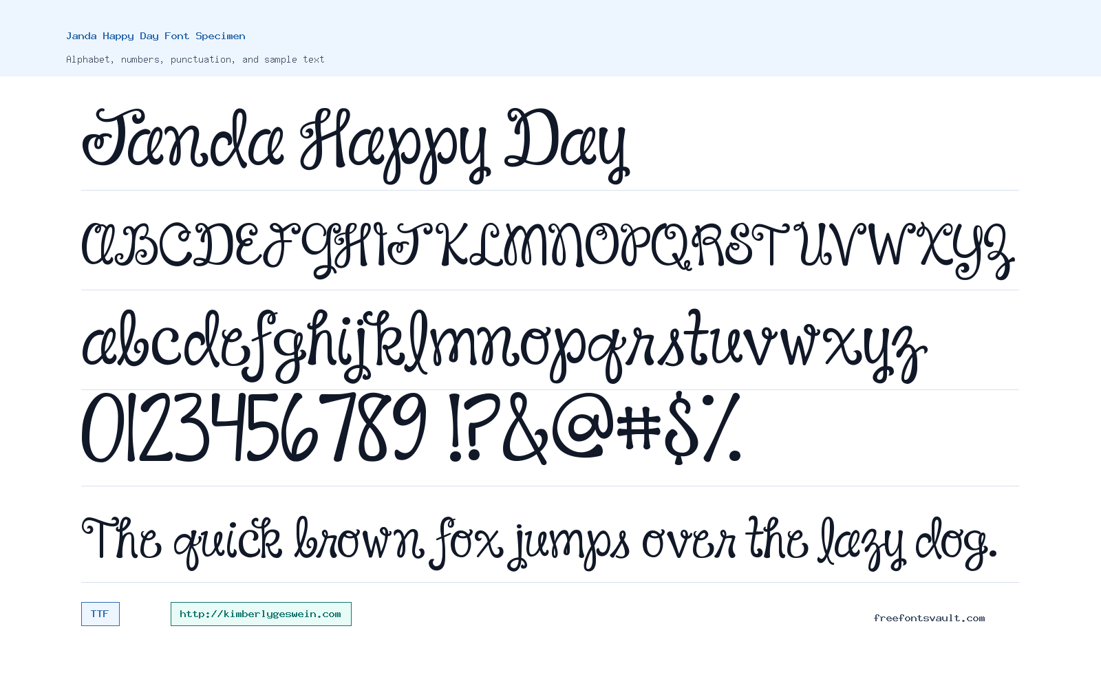 Janda Happy Day font specimen showing alphabet, numbers, and sample text
