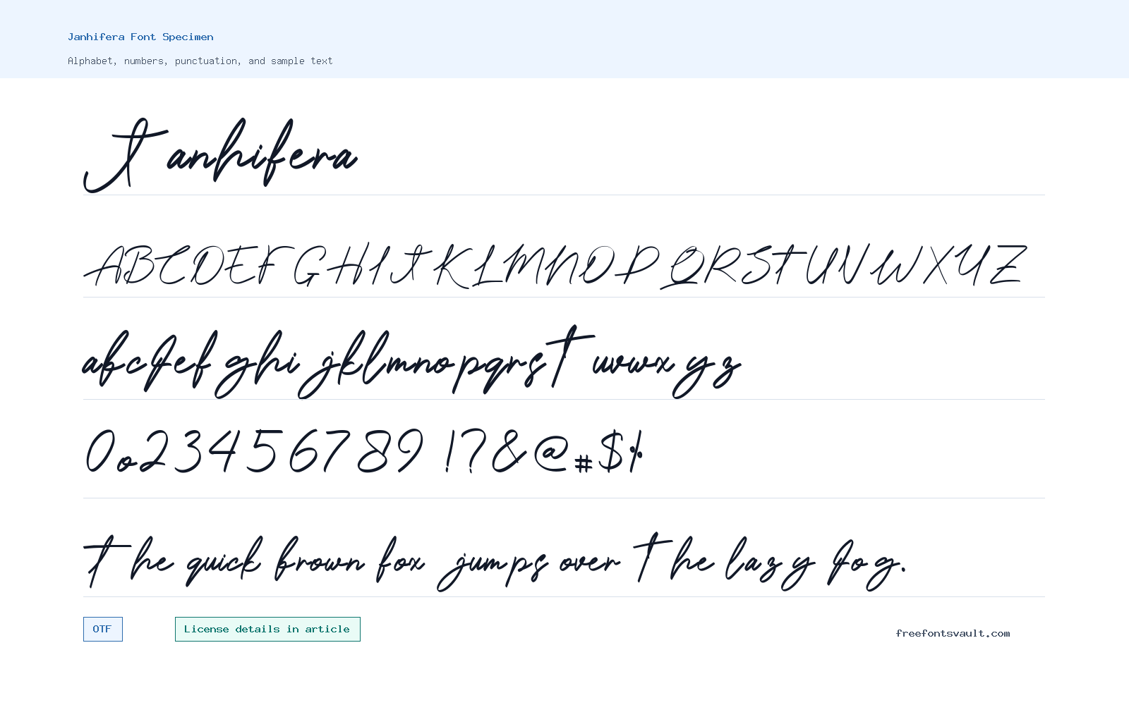 Janhifera font specimen showing alphabet, numbers, and sample text