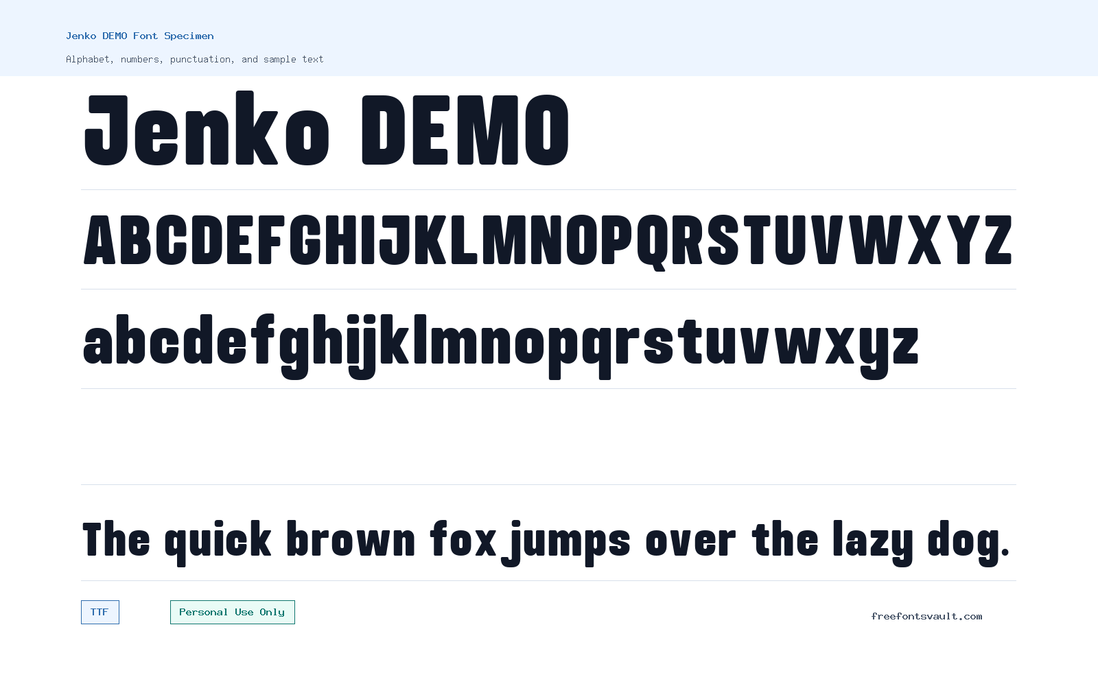 Jenko DEMO font specimen showing alphabet, numbers, and sample text
