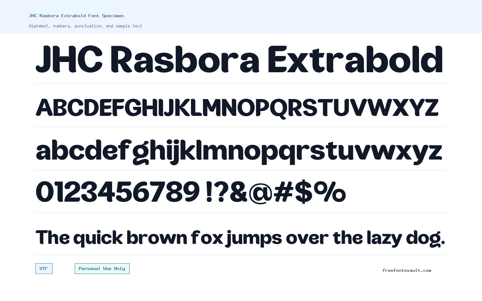 JHC Rasbora Extrabold font specimen showing alphabet, numbers, and sample text