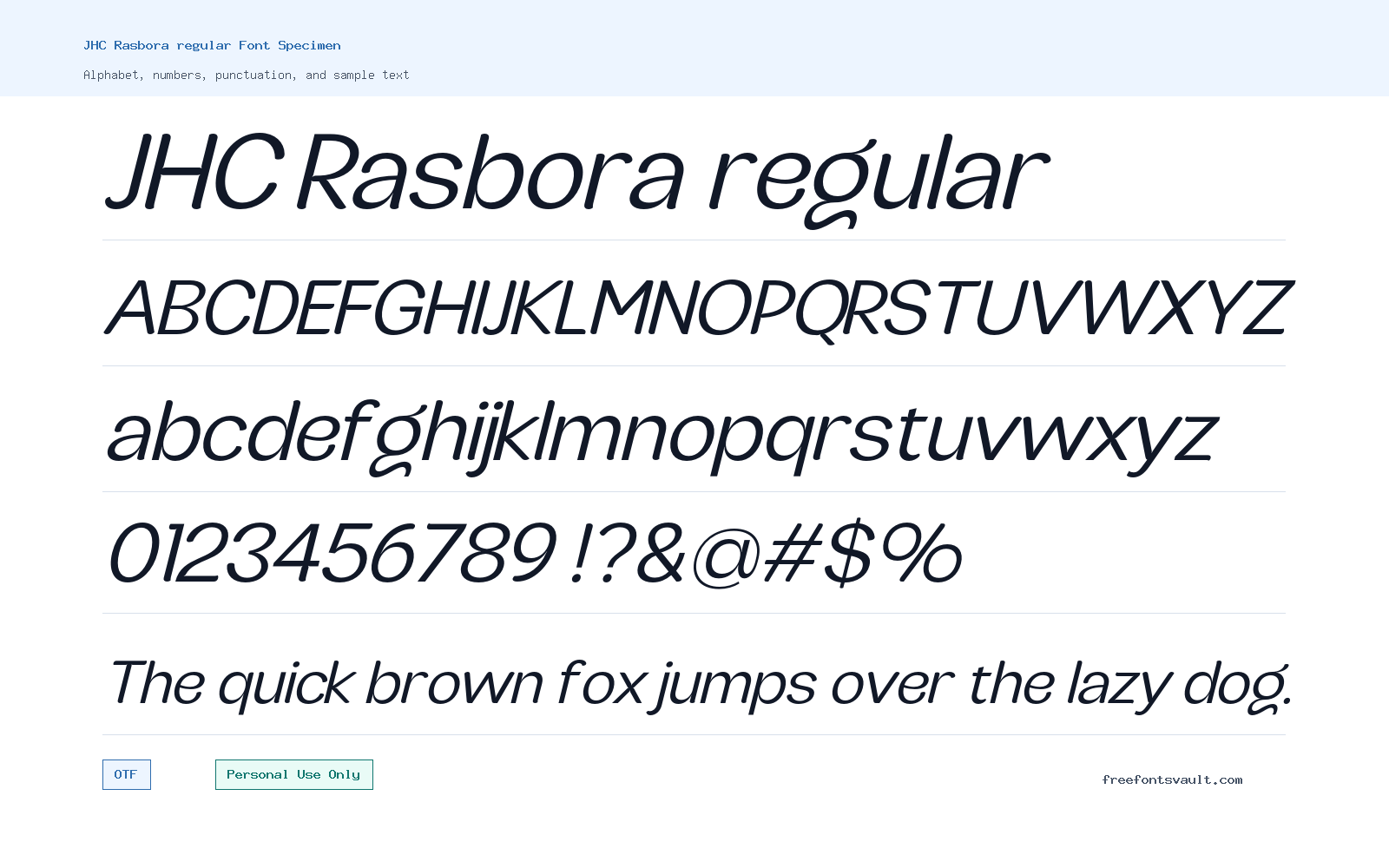 JHC Rasbora regular font specimen showing alphabet, numbers, and sample text