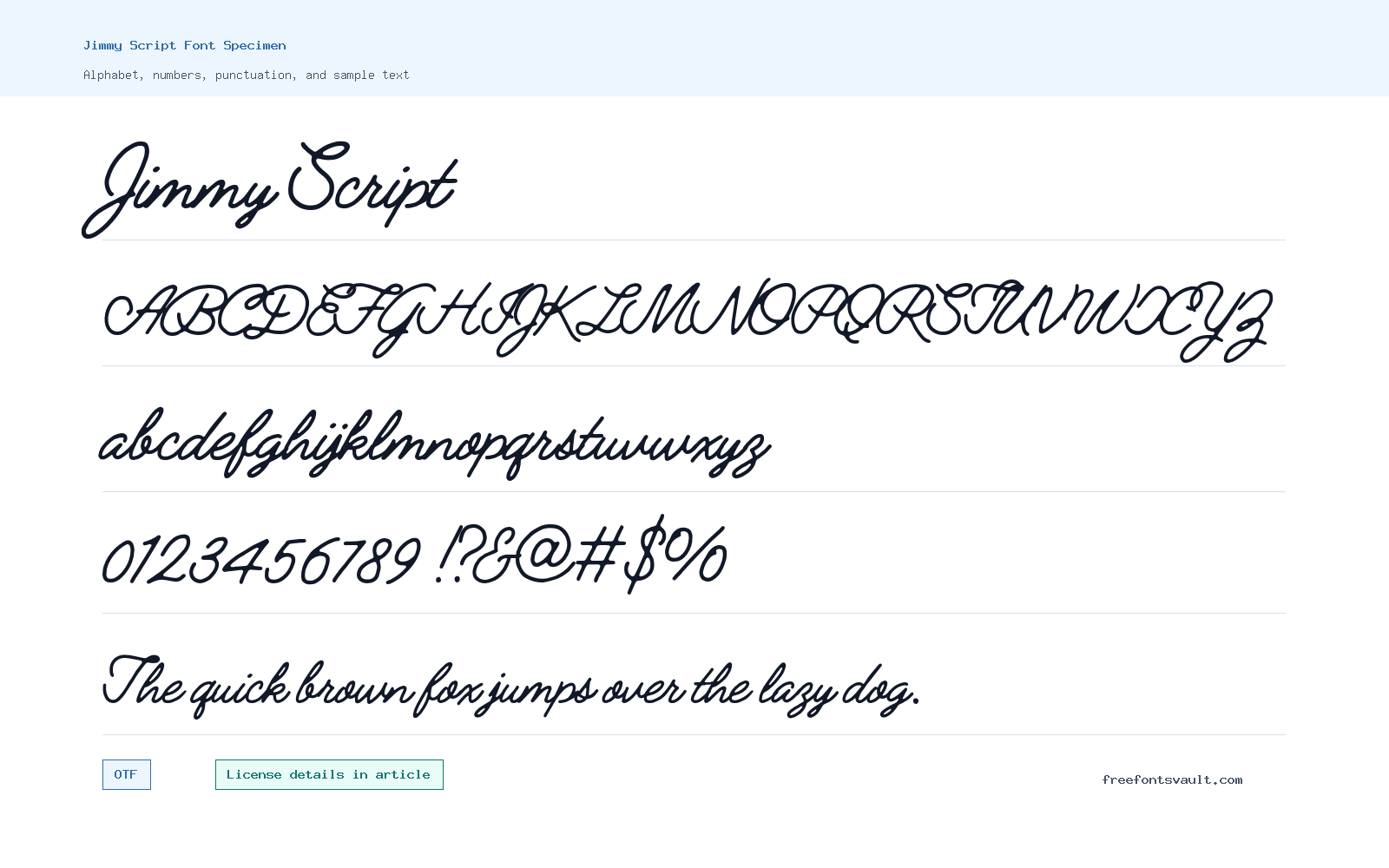 Jimmy Script font specimen showing alphabet, numbers, and sample text