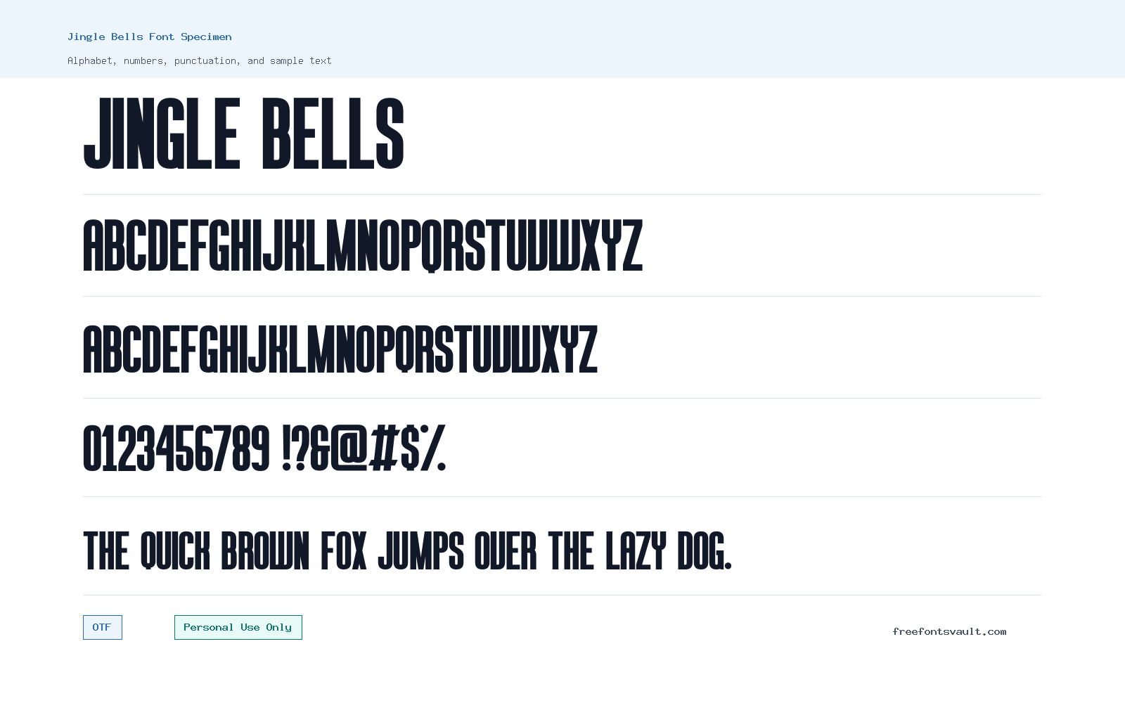 Jingle Bells font specimen showing alphabet, numbers, and sample text