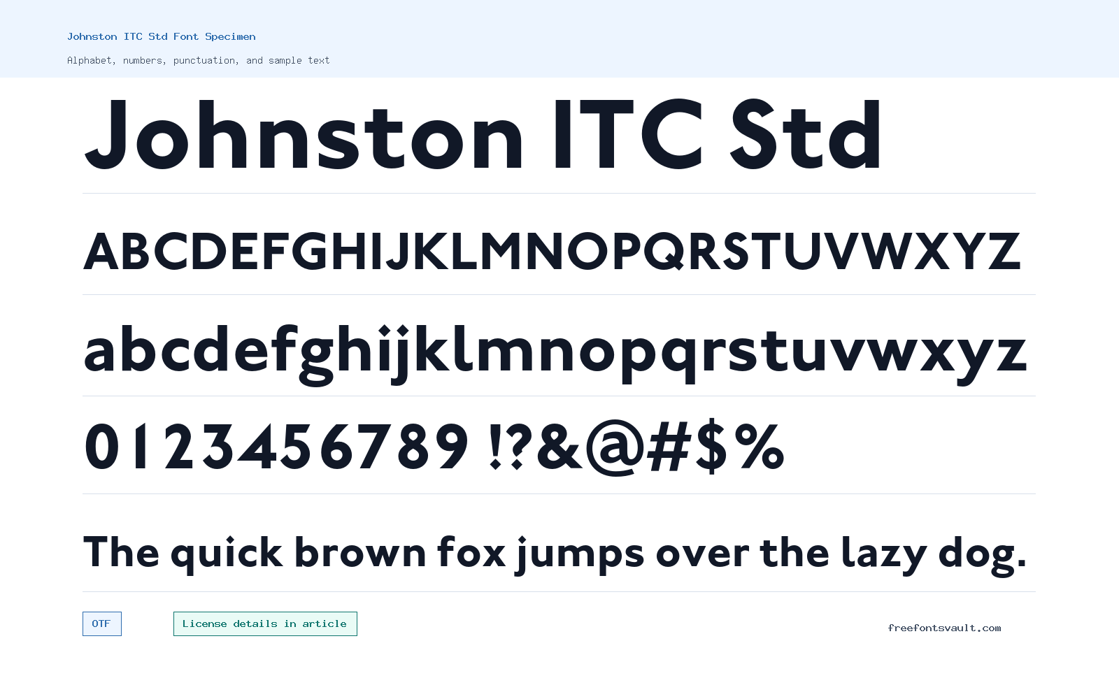 Johnston ITC Std font specimen showing alphabet, numbers, and sample text