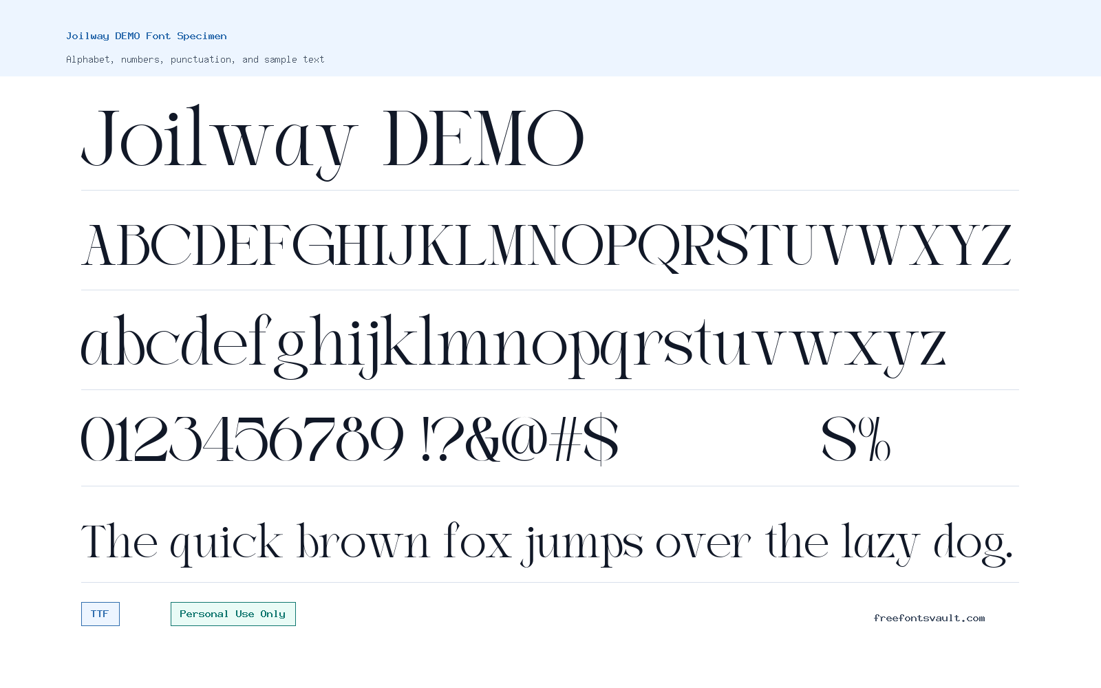 Joilway DEMO font specimen showing alphabet, numbers, and sample text