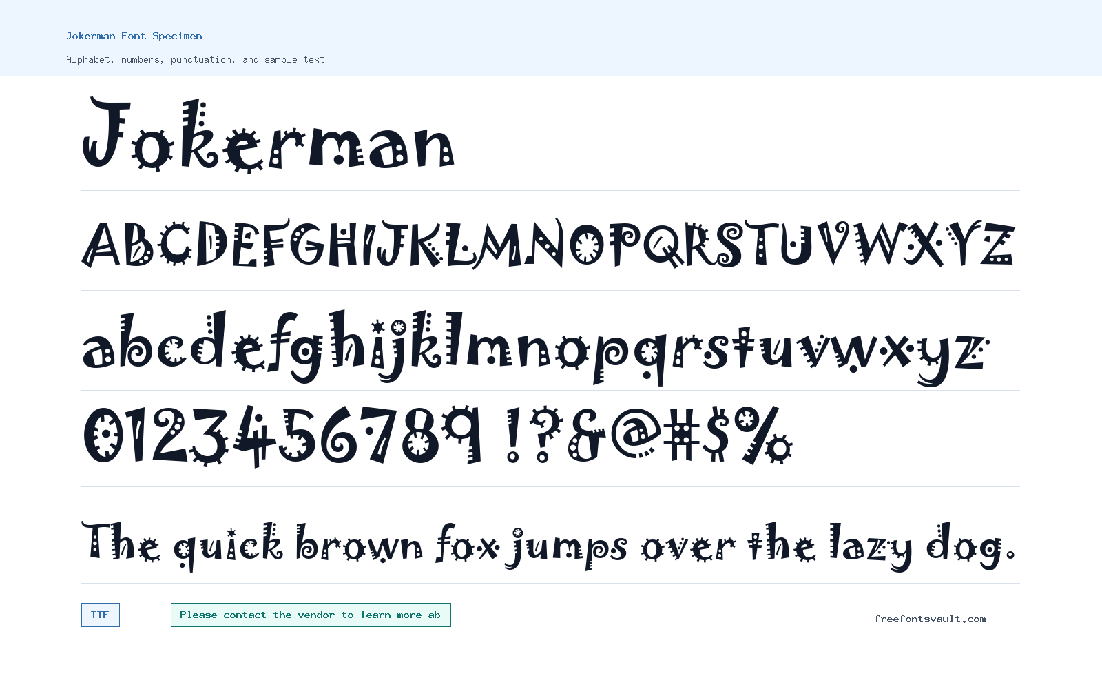 Jokerman font specimen showing alphabet, numbers, and sample text