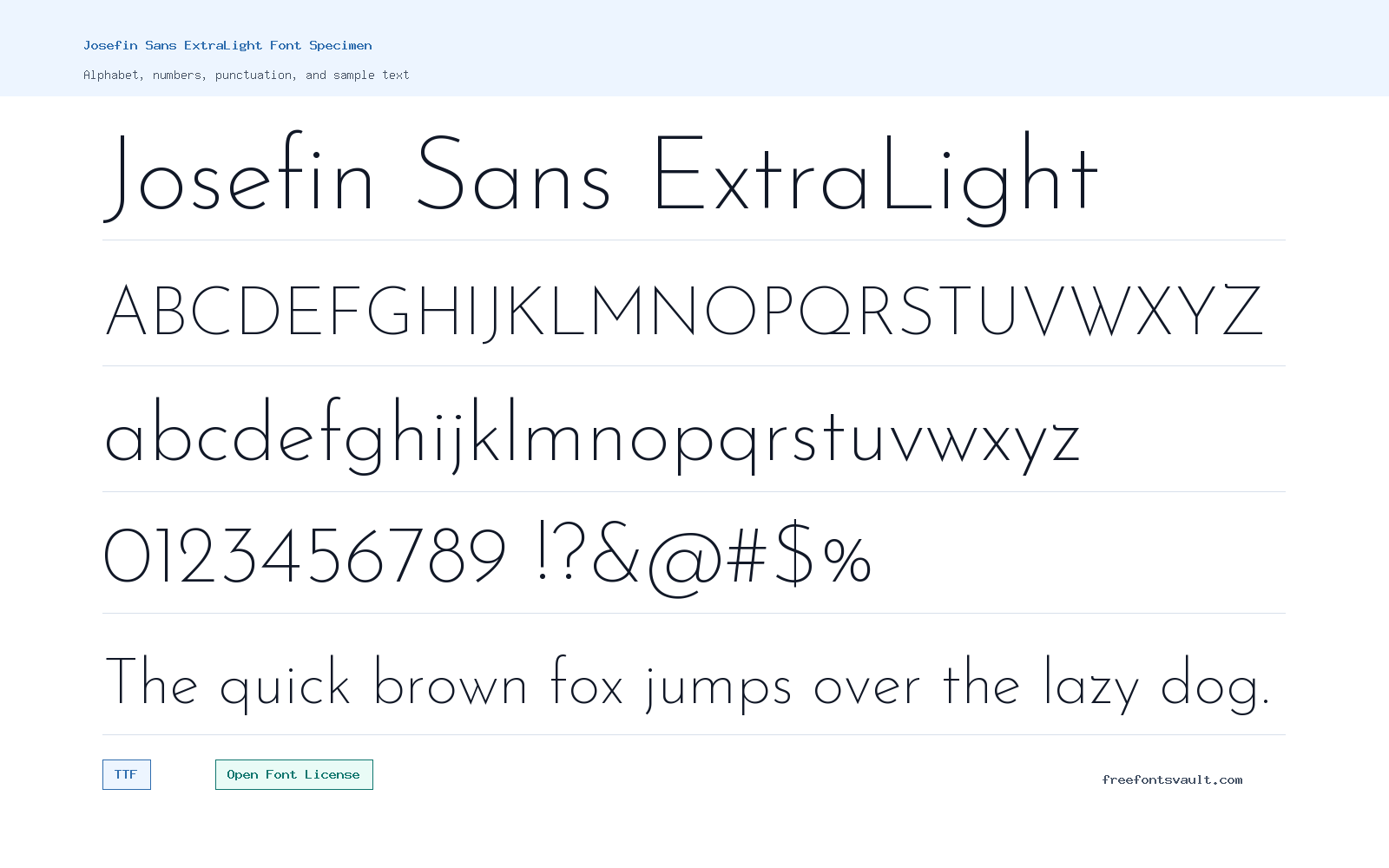 Josefin Sans ExtraLight font specimen showing alphabet, numbers, and sample text