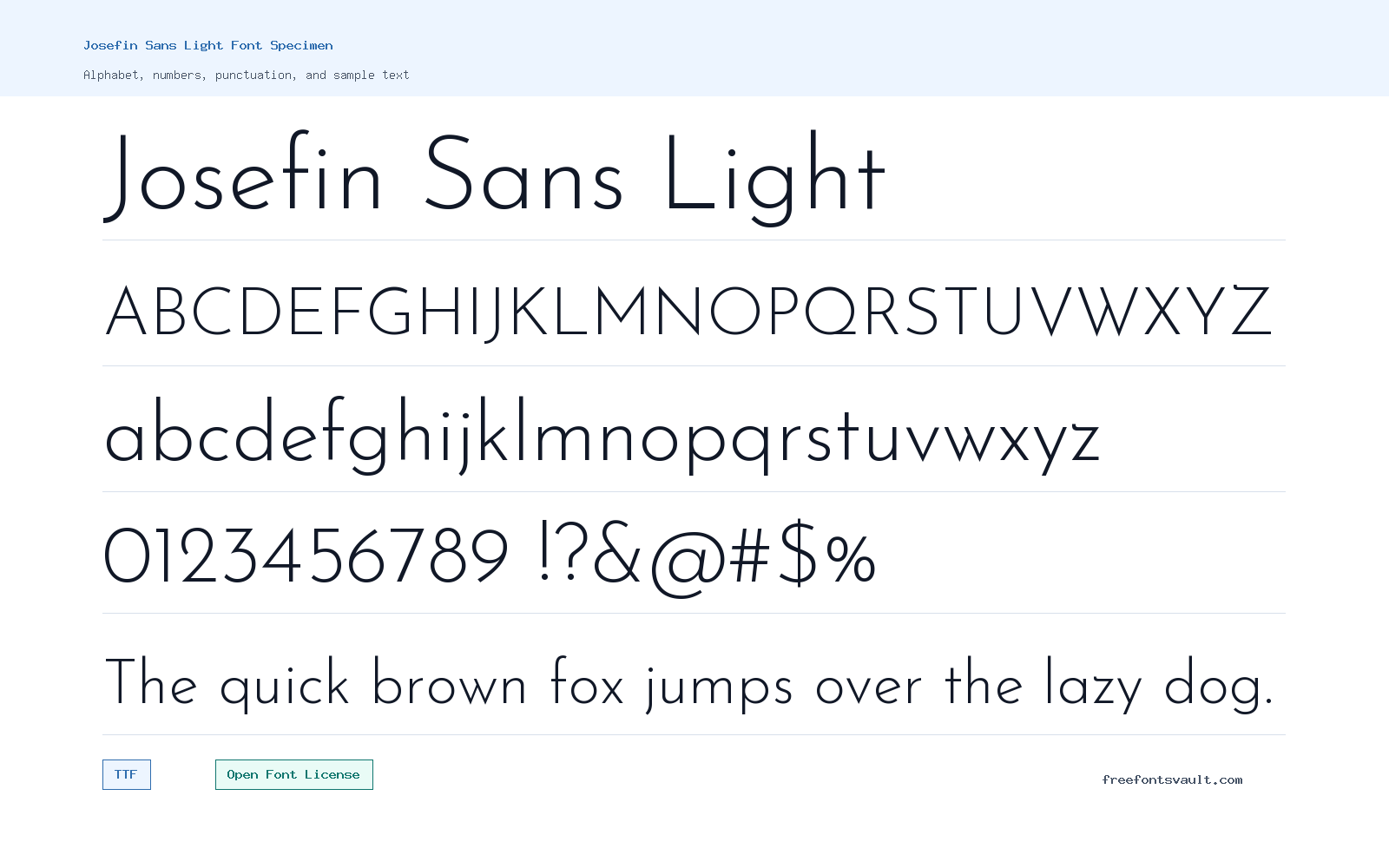 Josefin Sans Light font specimen showing alphabet, numbers, and sample text