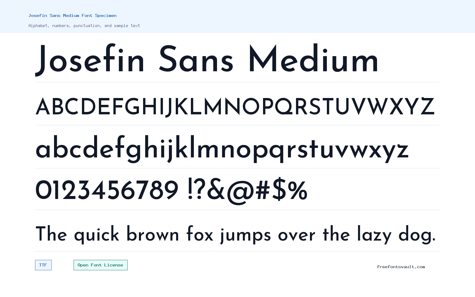 Josefin Sans Medium font specimen showing alphabet, numbers, and sample text