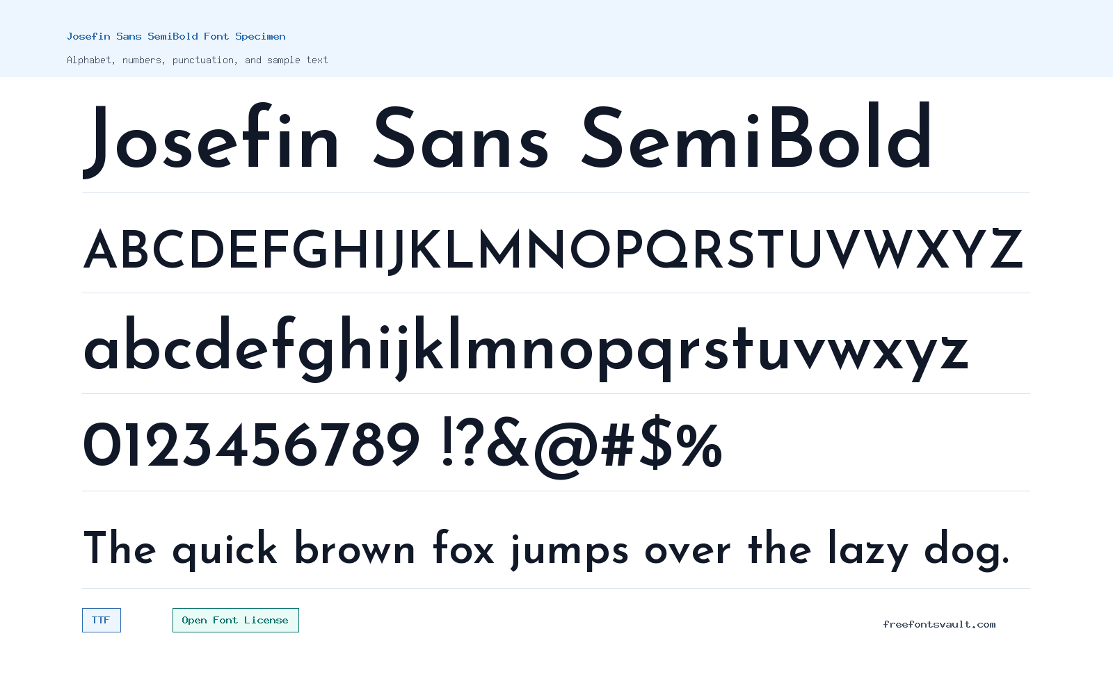 Josefin Sans SemiBold font specimen showing alphabet, numbers, and sample text