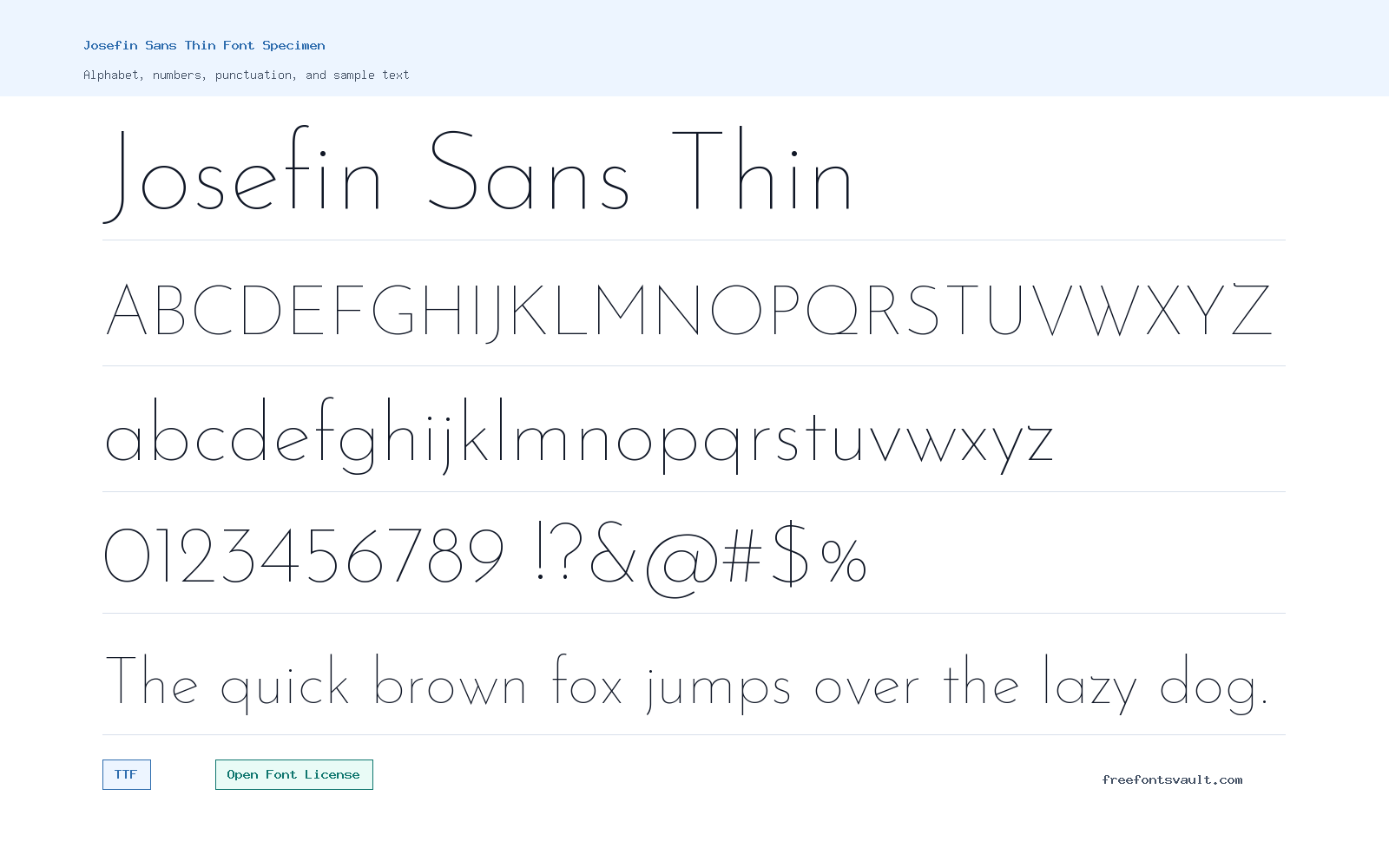 Josefin Sans Thin font specimen showing alphabet, numbers, and sample text