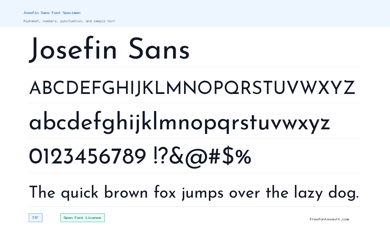 Josefin Sans font specimen showing alphabet, numbers, and sample text