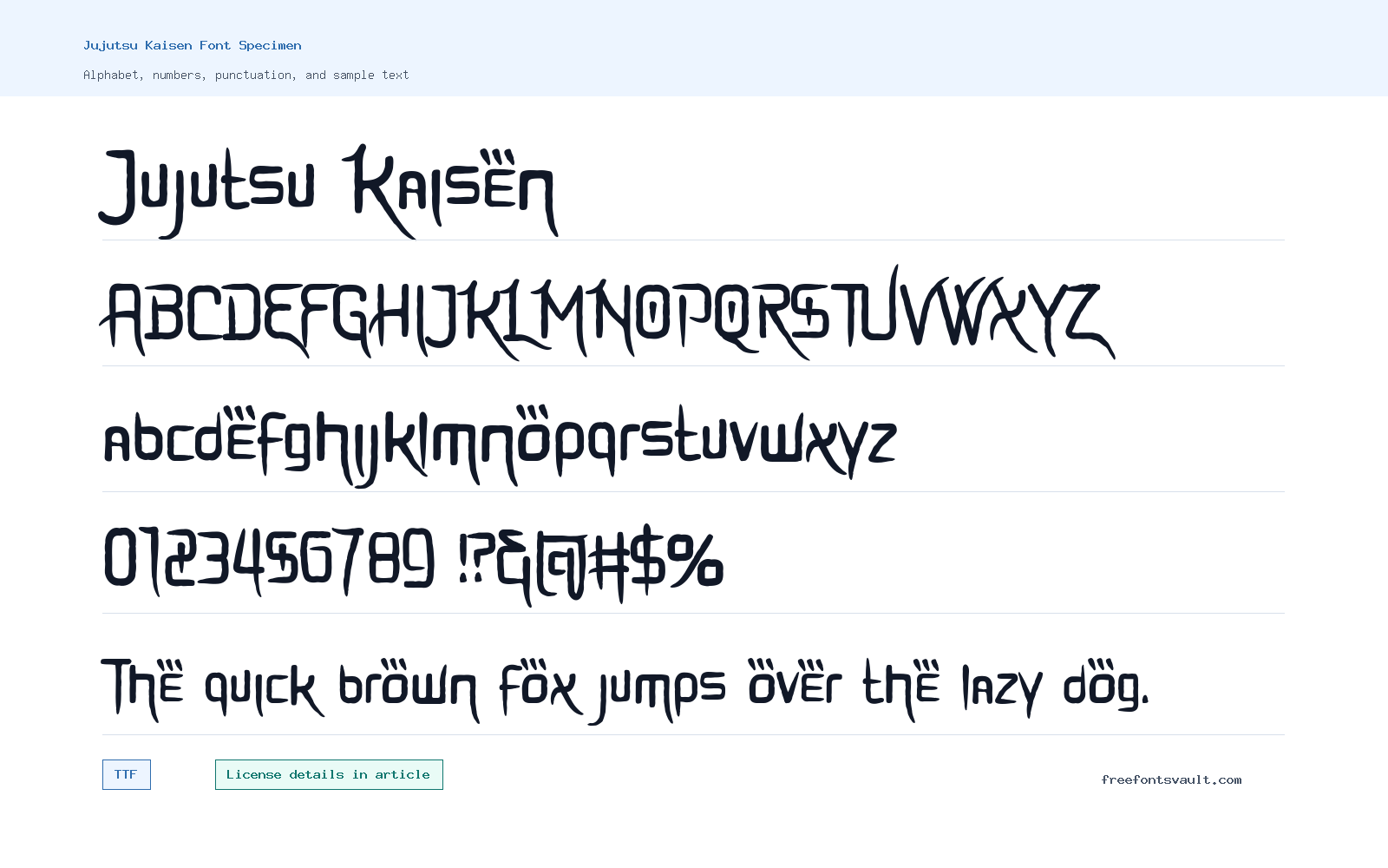 Jujutsu Kaisen font specimen showing alphabet, numbers, and sample text