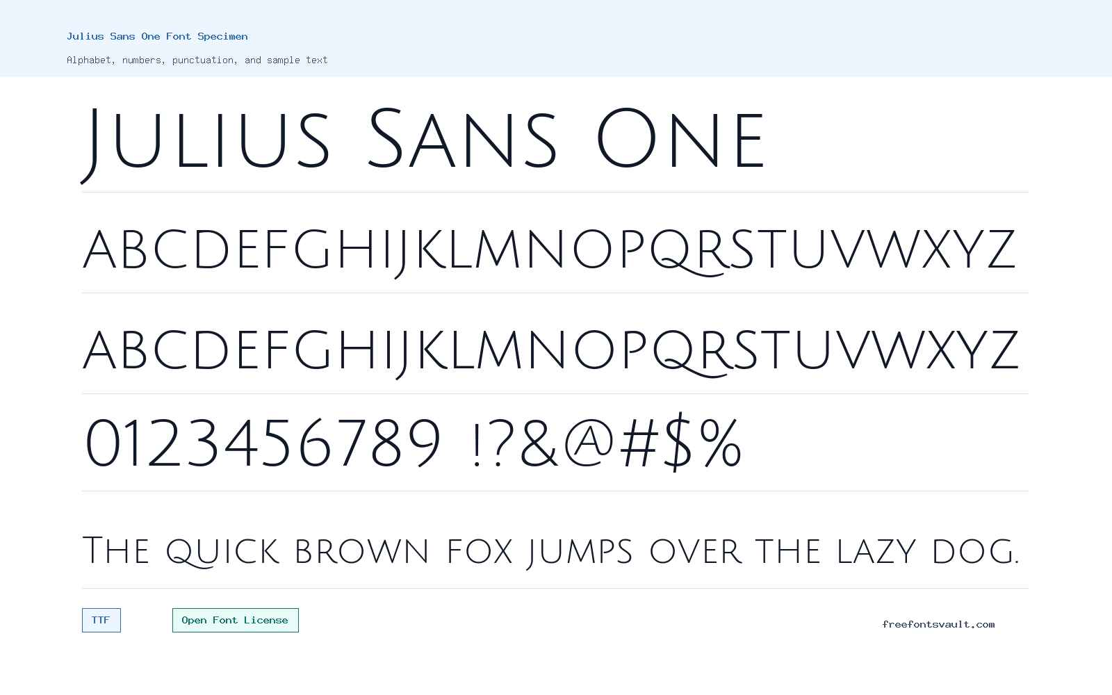 Julius Sans One font specimen showing alphabet, numbers, and sample text