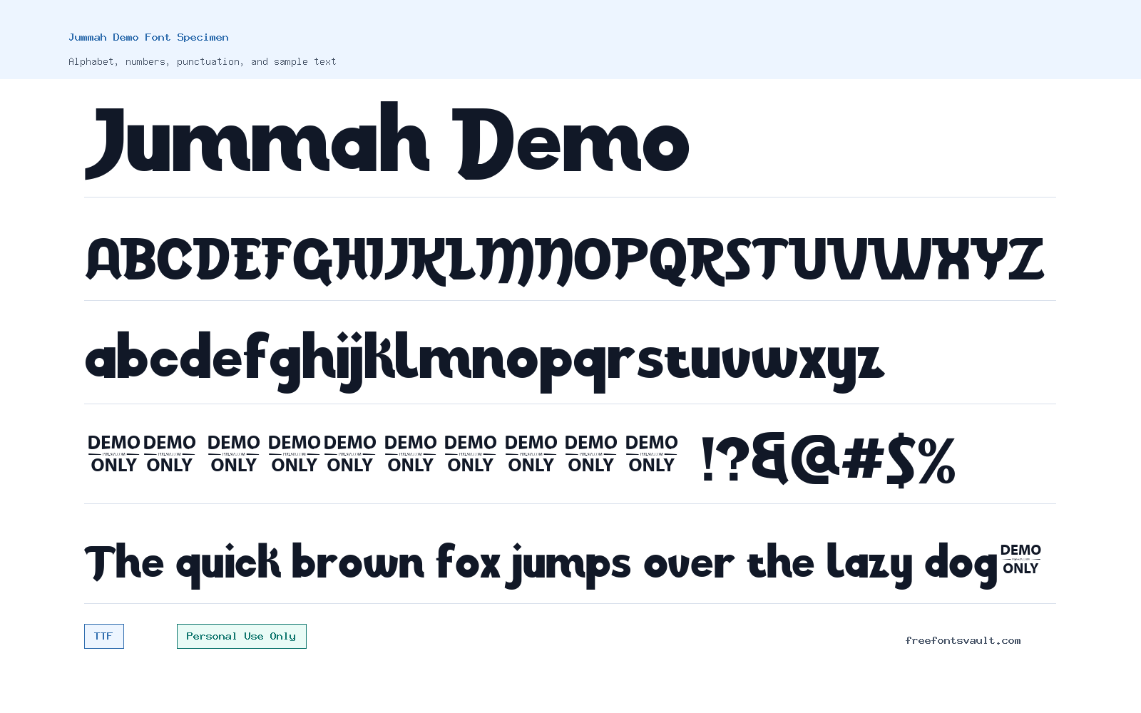 Jummah Demo font specimen showing alphabet, numbers, and sample text