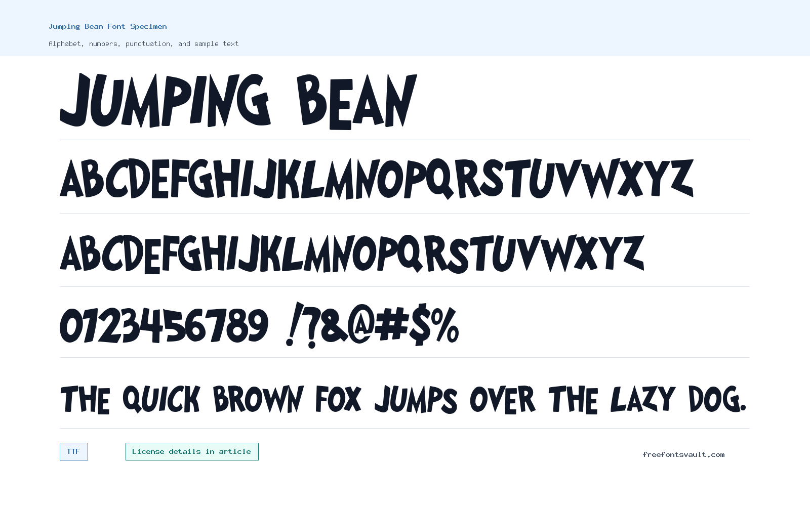 Jumping Bean font specimen showing alphabet, numbers, and sample text