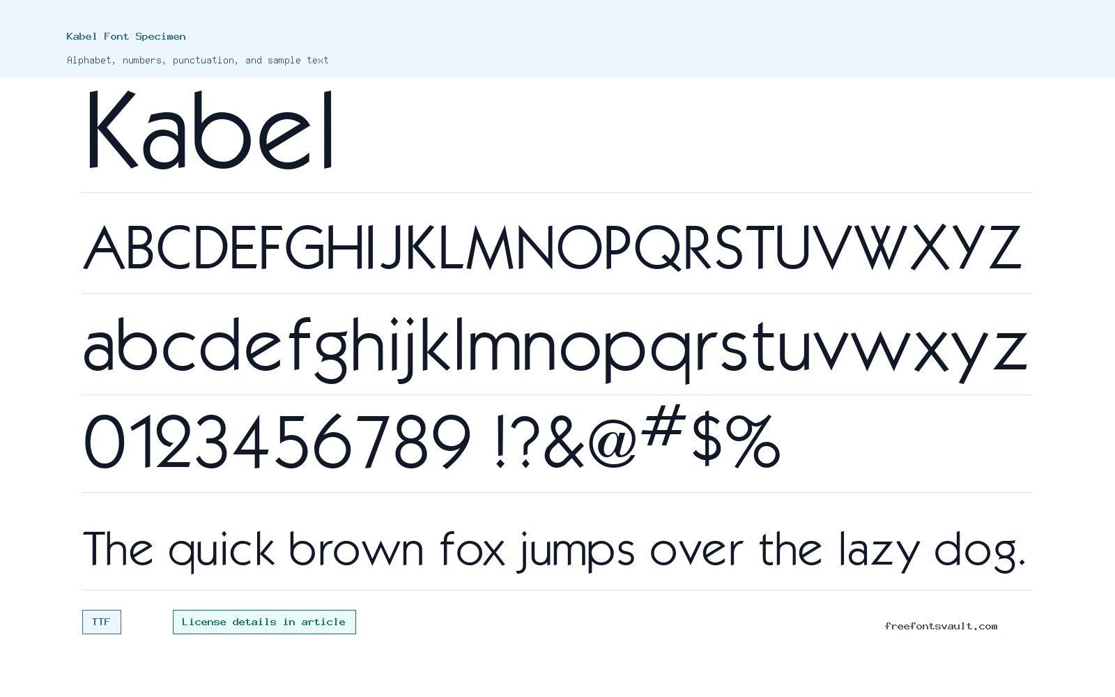 Kabel font specimen showing alphabet, numbers, and sample text