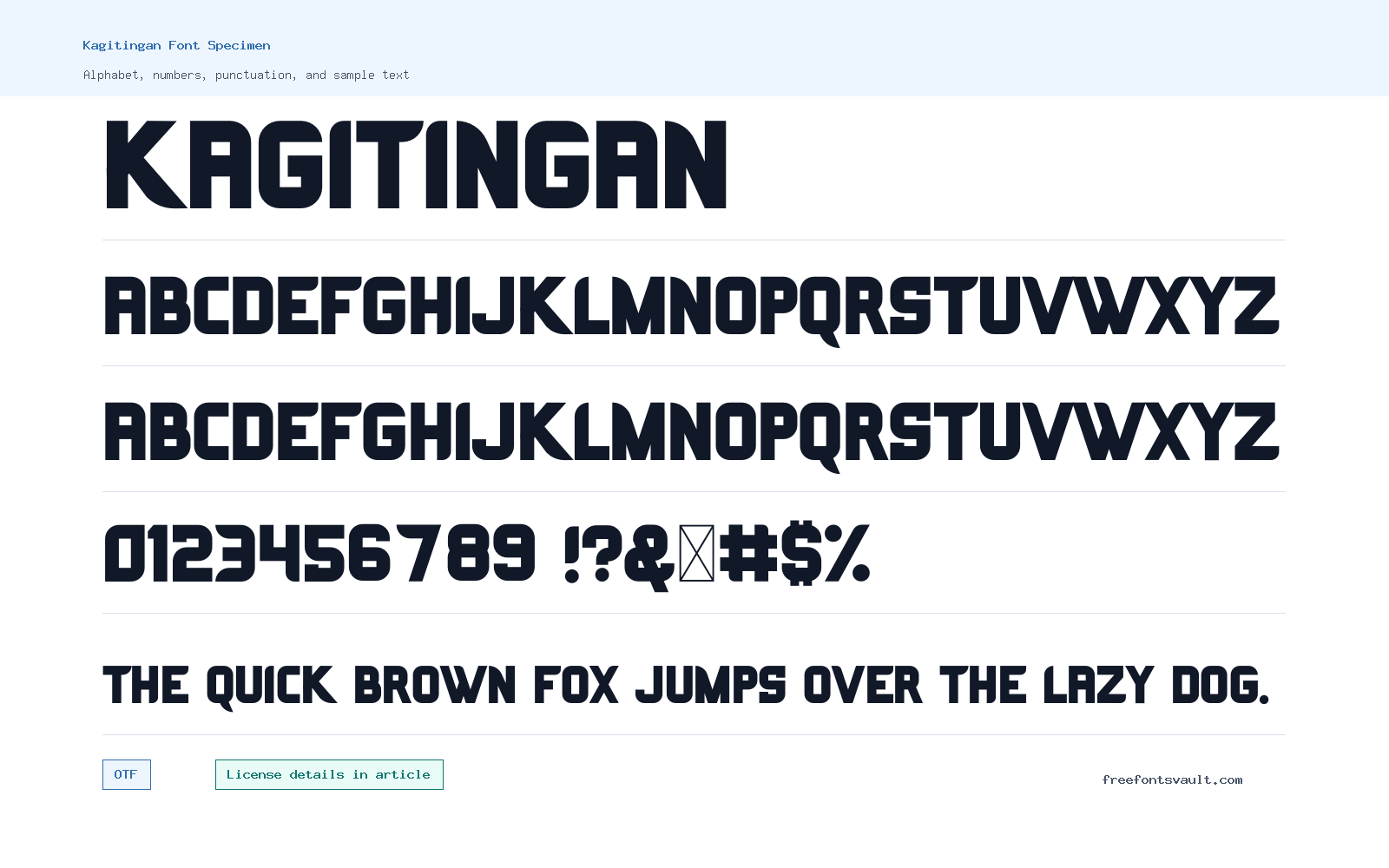 Kagitingan font specimen showing alphabet, numbers, and sample text