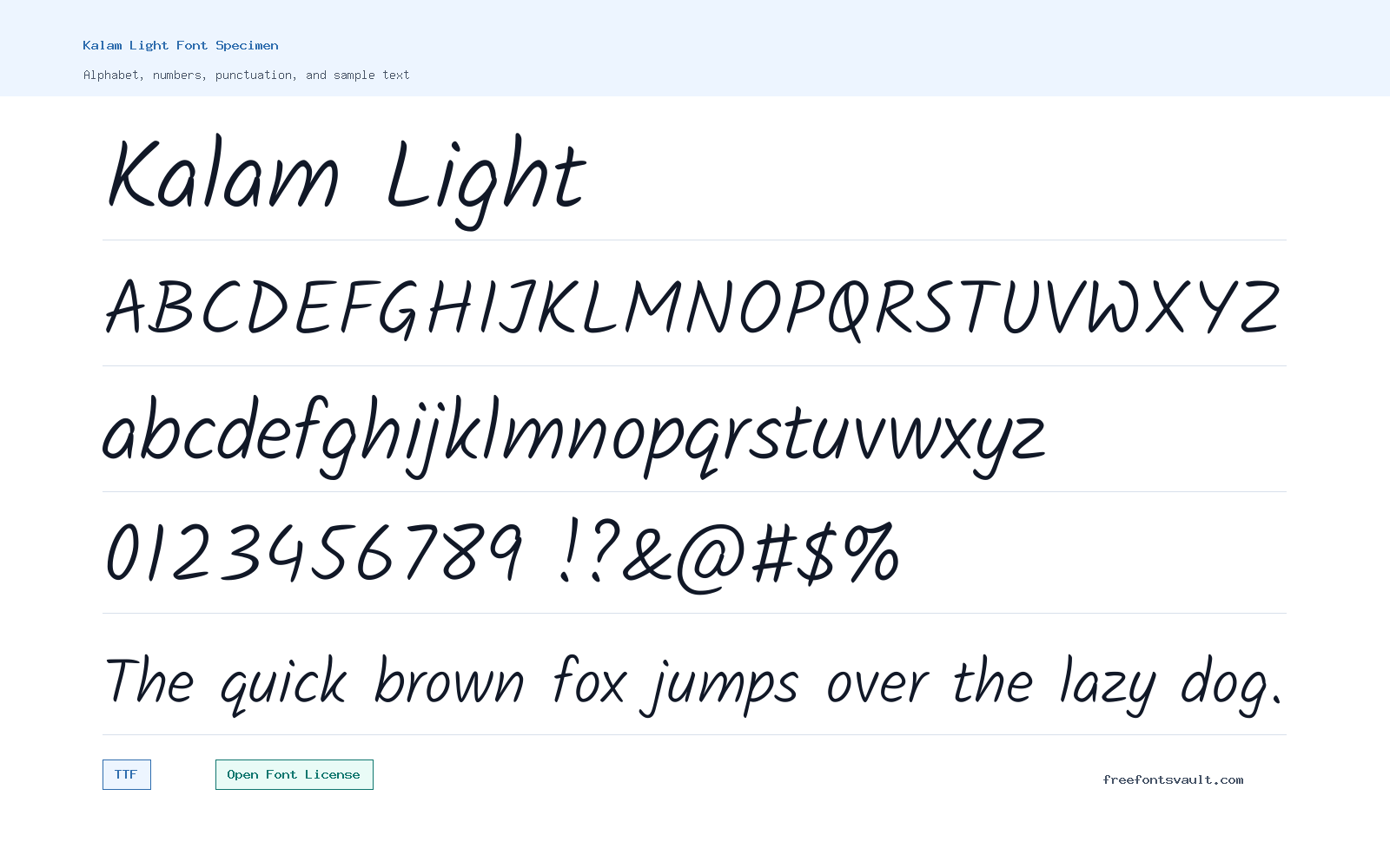 Kalam Light font specimen showing alphabet, numbers, and sample text