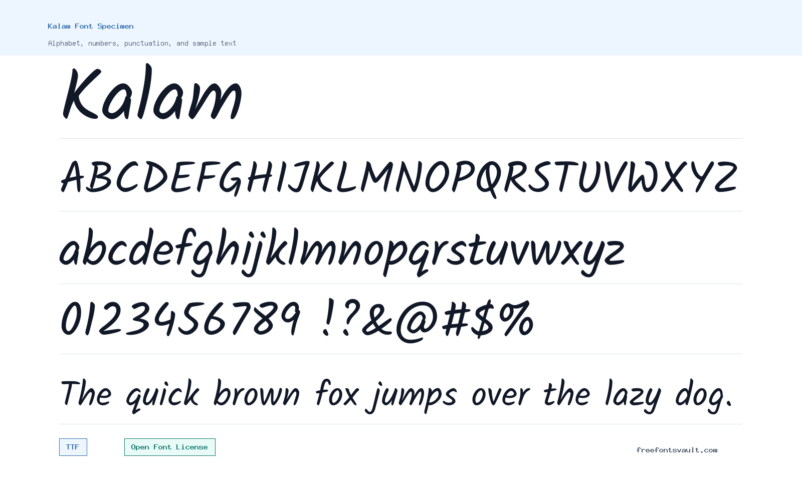 Kalam font specimen showing alphabet, numbers, and sample text