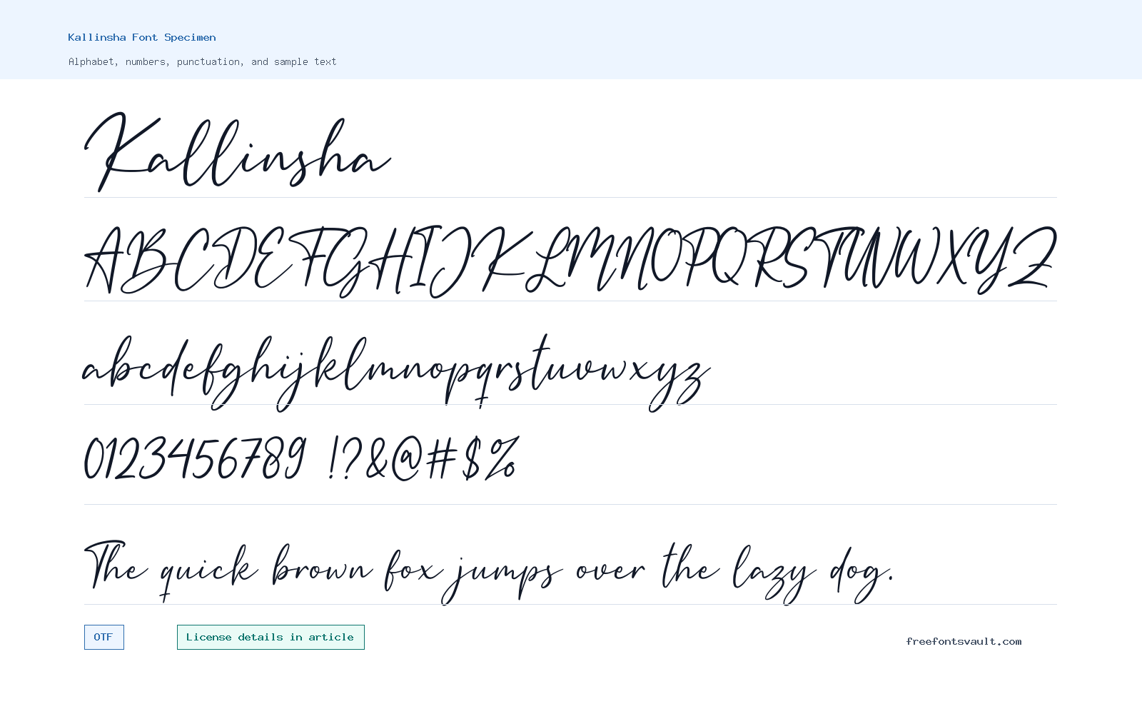 Kallinsha font specimen showing alphabet, numbers, and sample text