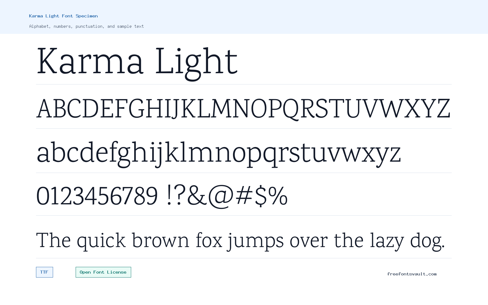 Karma Light font specimen showing alphabet, numbers, and sample text