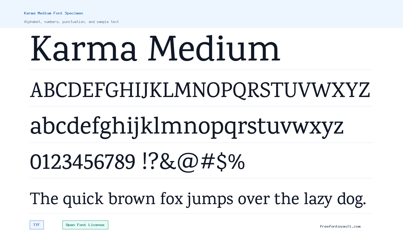Karma Medium font specimen showing alphabet, numbers, and sample text
