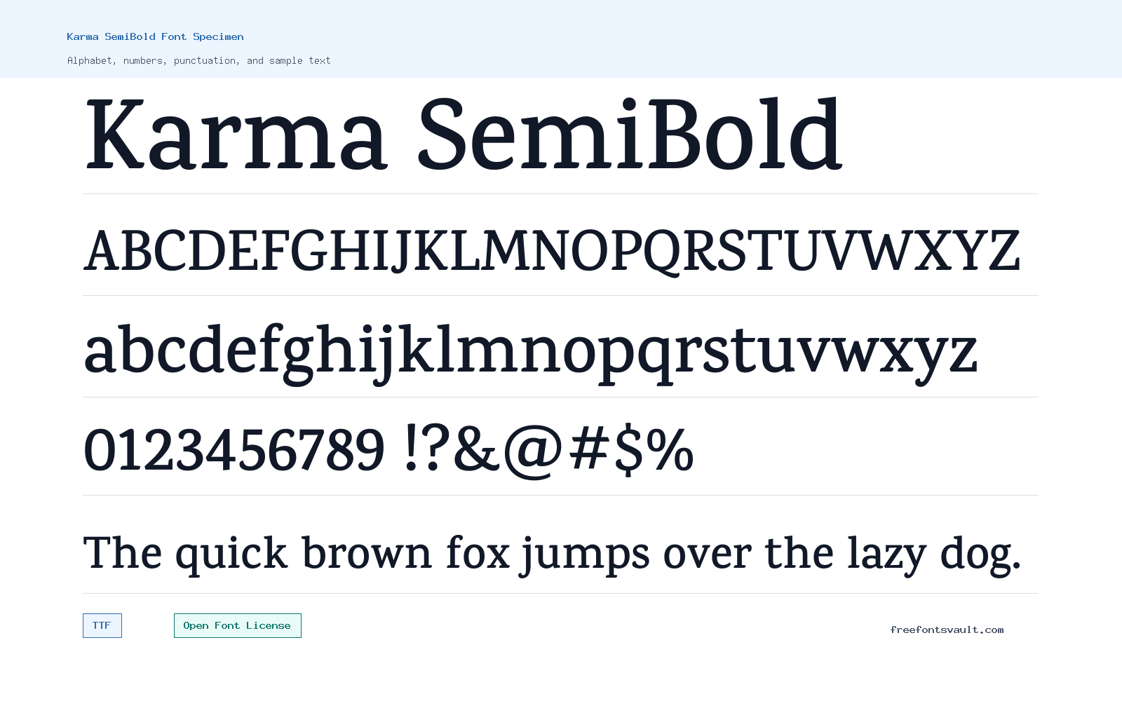 Karma SemiBold font specimen showing alphabet, numbers, and sample text