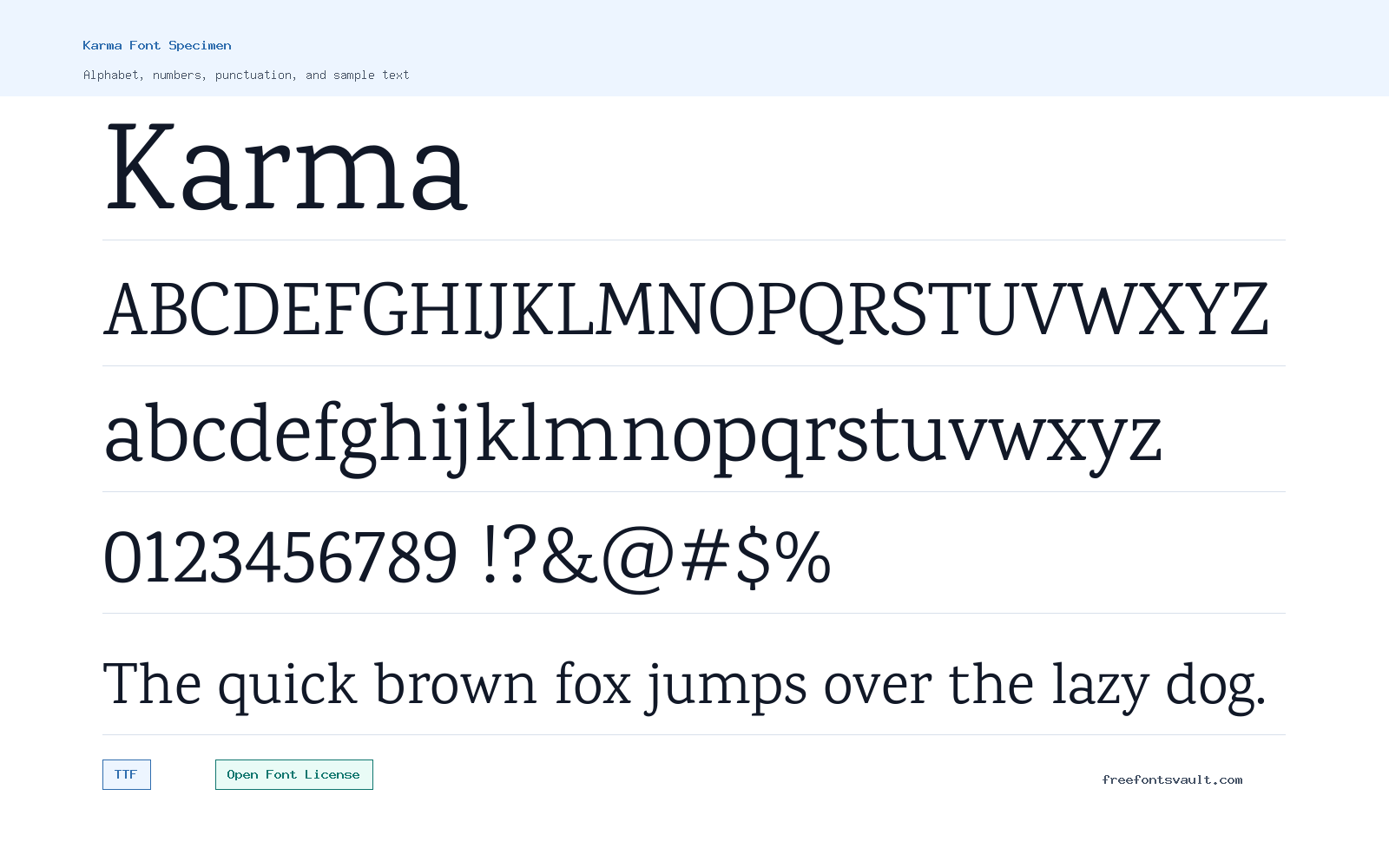 Karma font specimen showing alphabet, numbers, and sample text