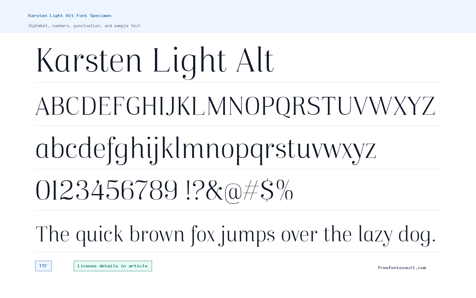 Karsten Light Alt font specimen showing alphabet, numbers, and sample text