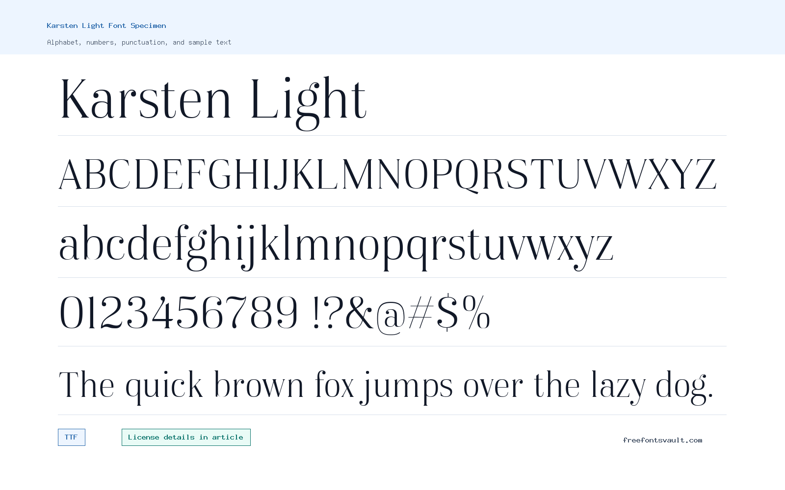 Karsten Light font specimen showing alphabet, numbers, and sample text
