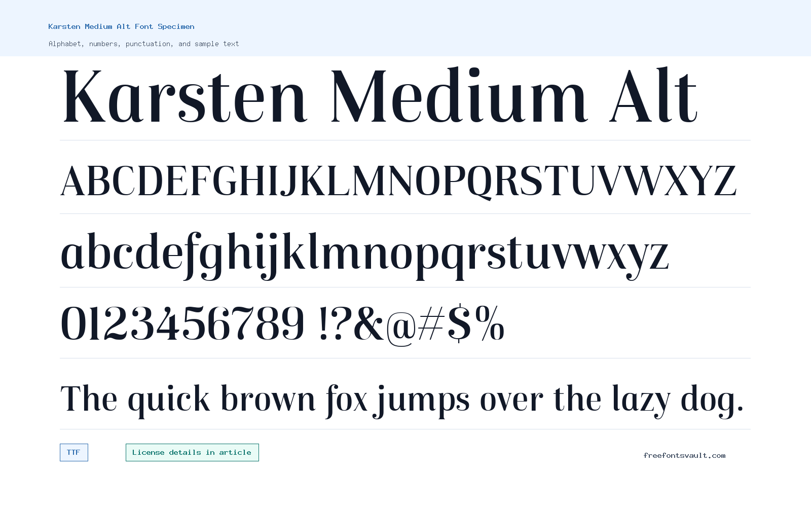 Karsten Medium Alt font specimen showing alphabet, numbers, and sample text