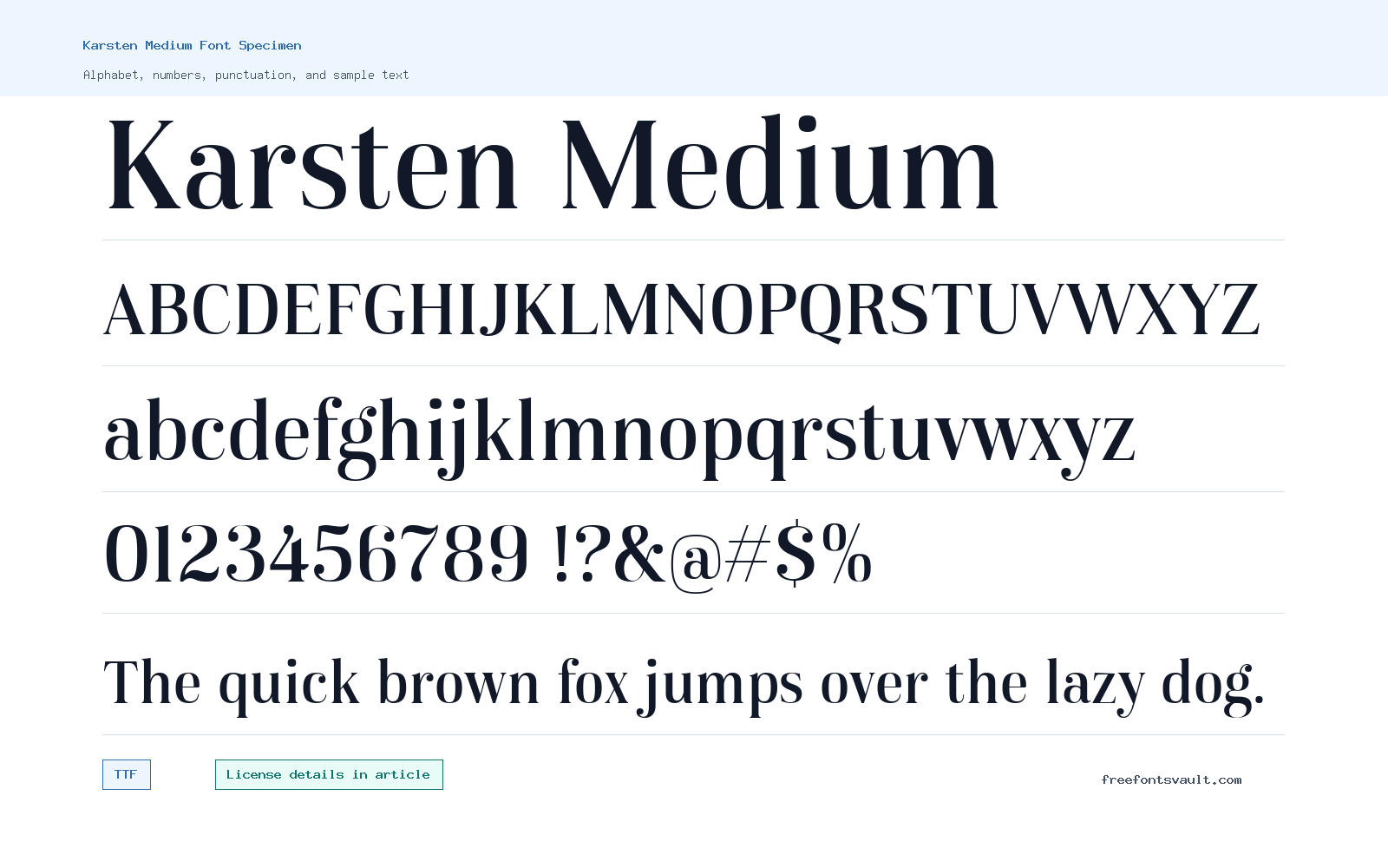 Karsten Medium font specimen showing alphabet, numbers, and sample text