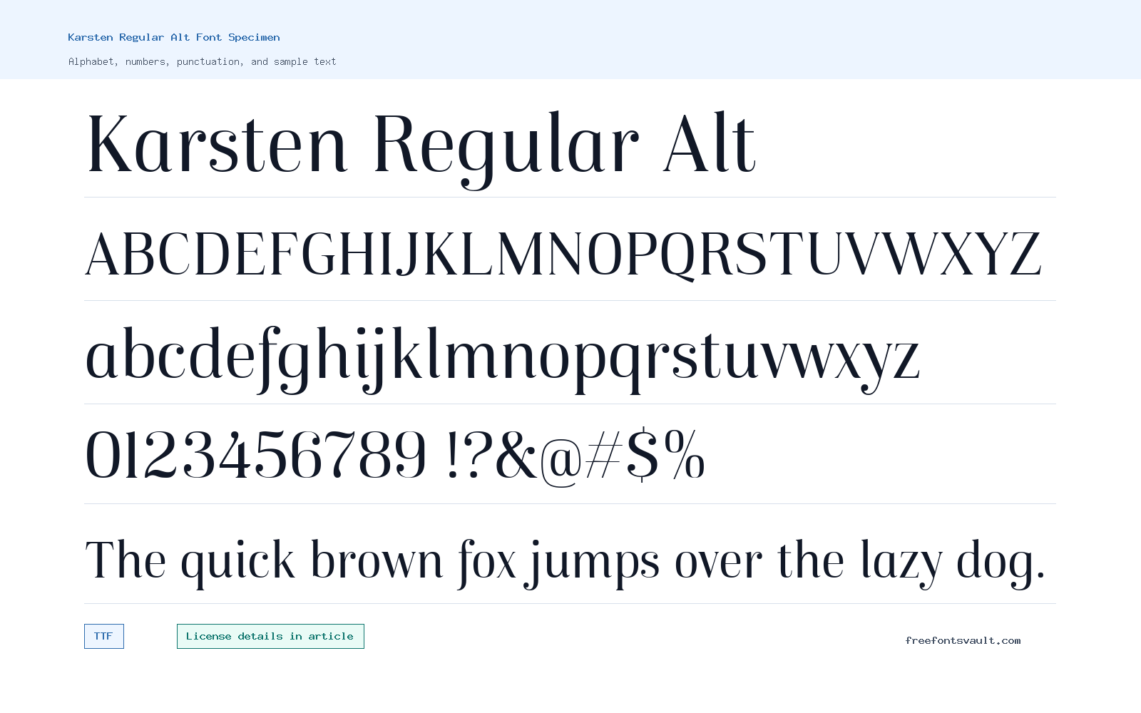 Karsten Regular Alt font specimen showing alphabet, numbers, and sample text