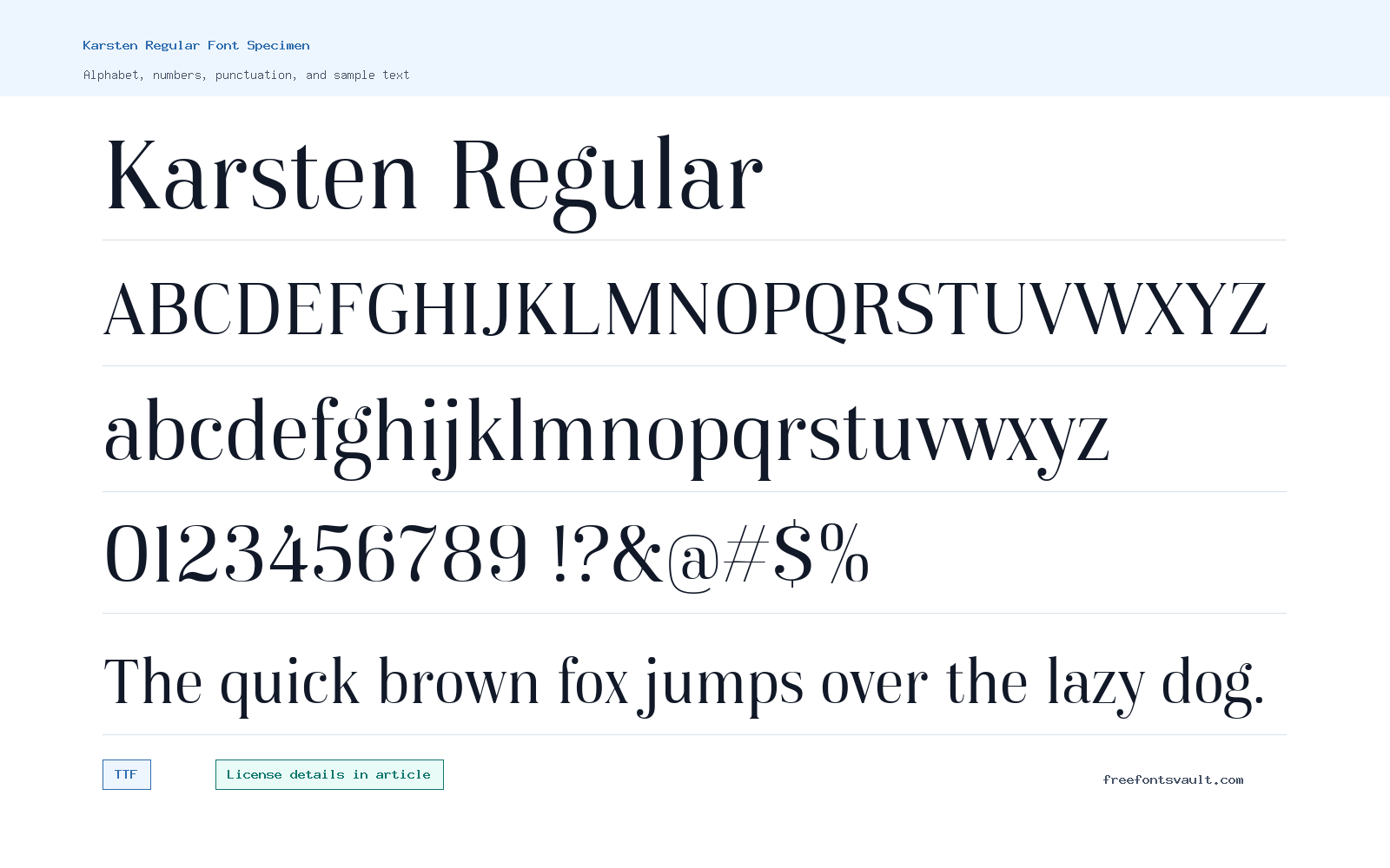 Karsten Regular font specimen showing alphabet, numbers, and sample text