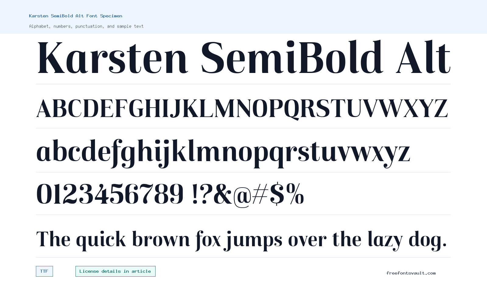 Karsten SemiBold Alt font specimen showing alphabet, numbers, and sample text