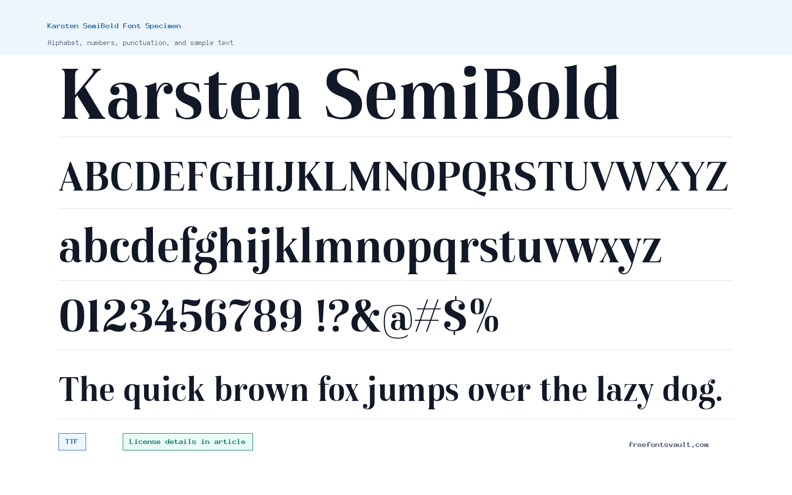 Karsten SemiBold font specimen showing alphabet, numbers, and sample text