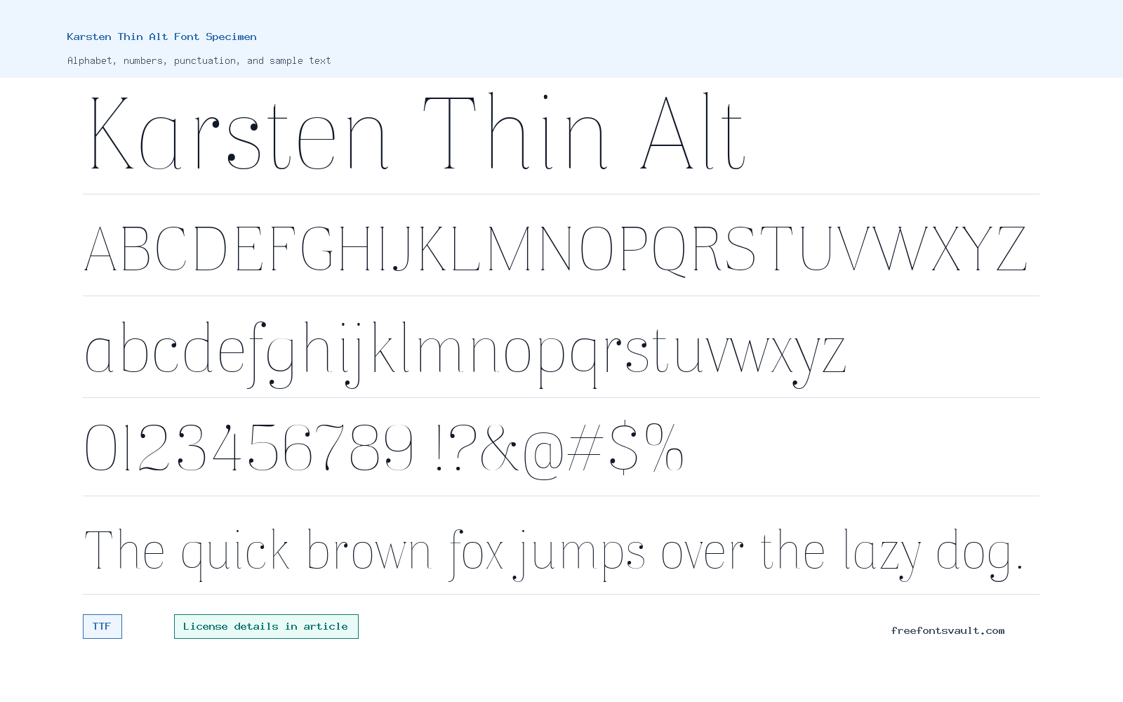 Karsten Thin Alt font specimen showing alphabet, numbers, and sample text