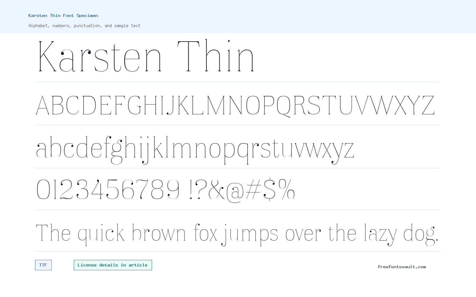 Karsten Thin font specimen showing alphabet, numbers, and sample text