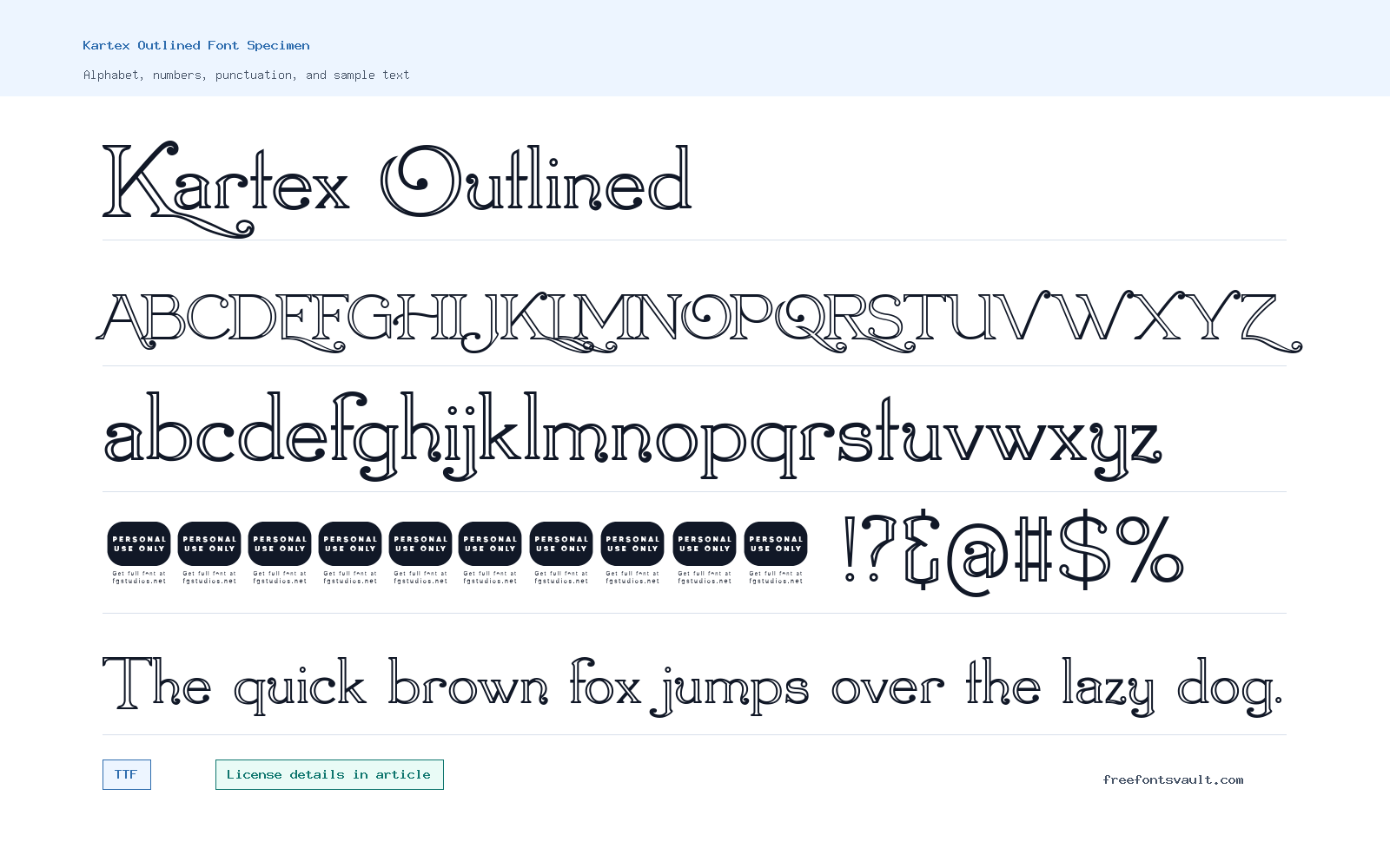 Kartex Outlined font specimen showing alphabet, numbers, and sample text