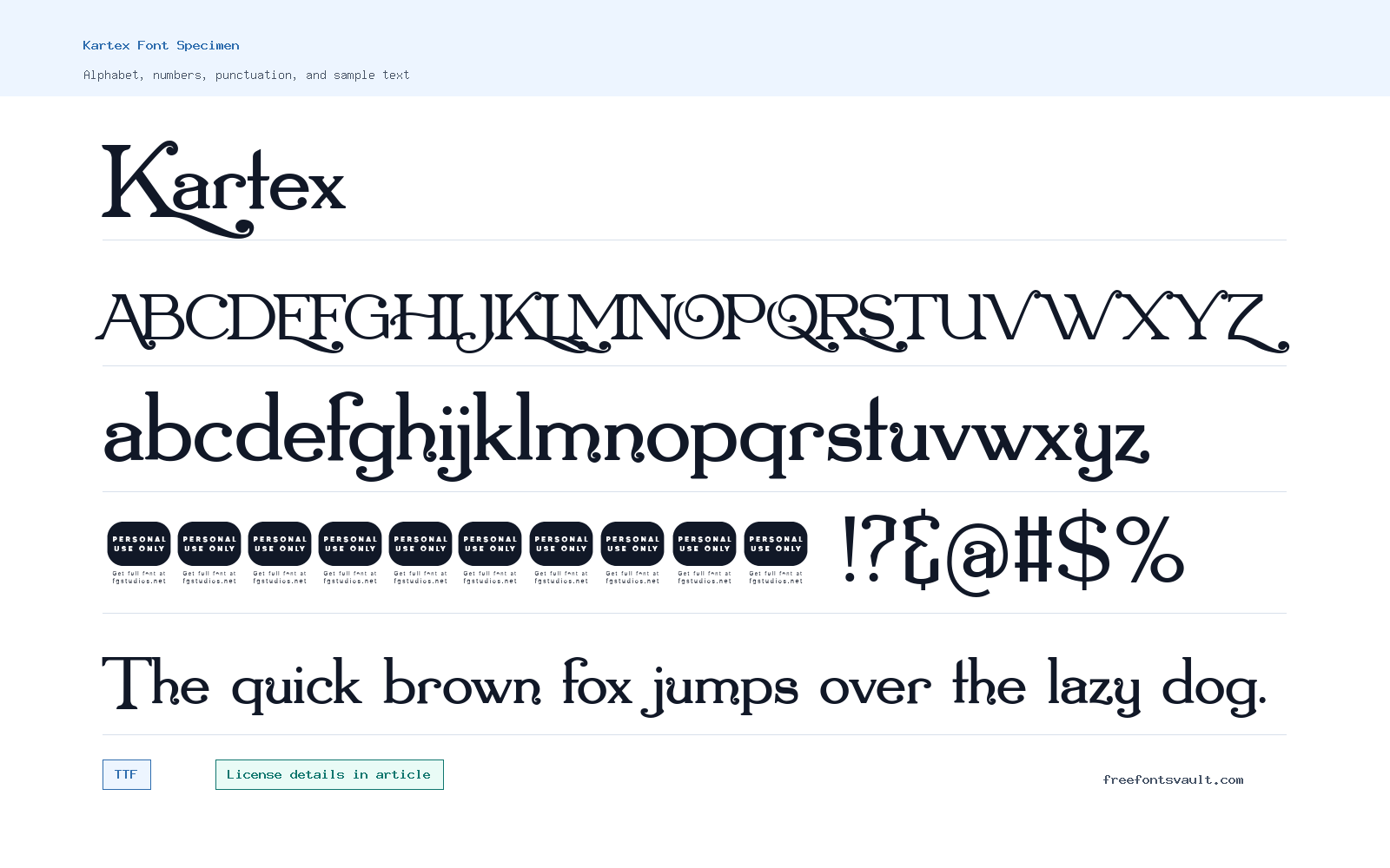 Kartex font specimen showing alphabet, numbers, and sample text