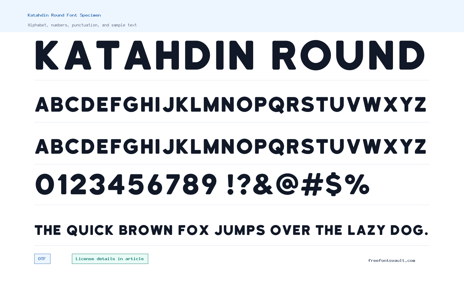 Katahdin Round font specimen showing alphabet, numbers, and sample text