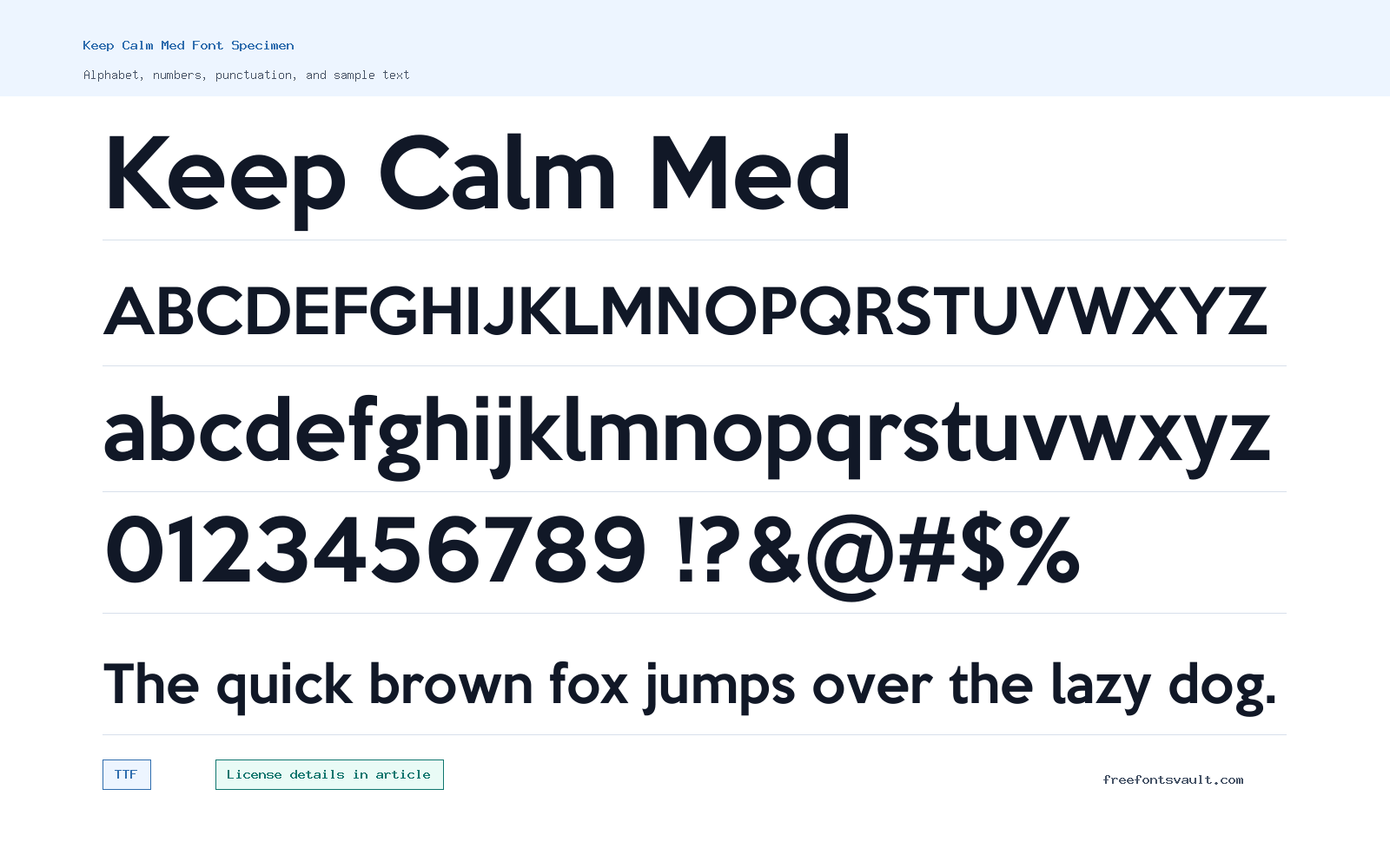 Keep Calm Med font specimen showing alphabet, numbers, and sample text